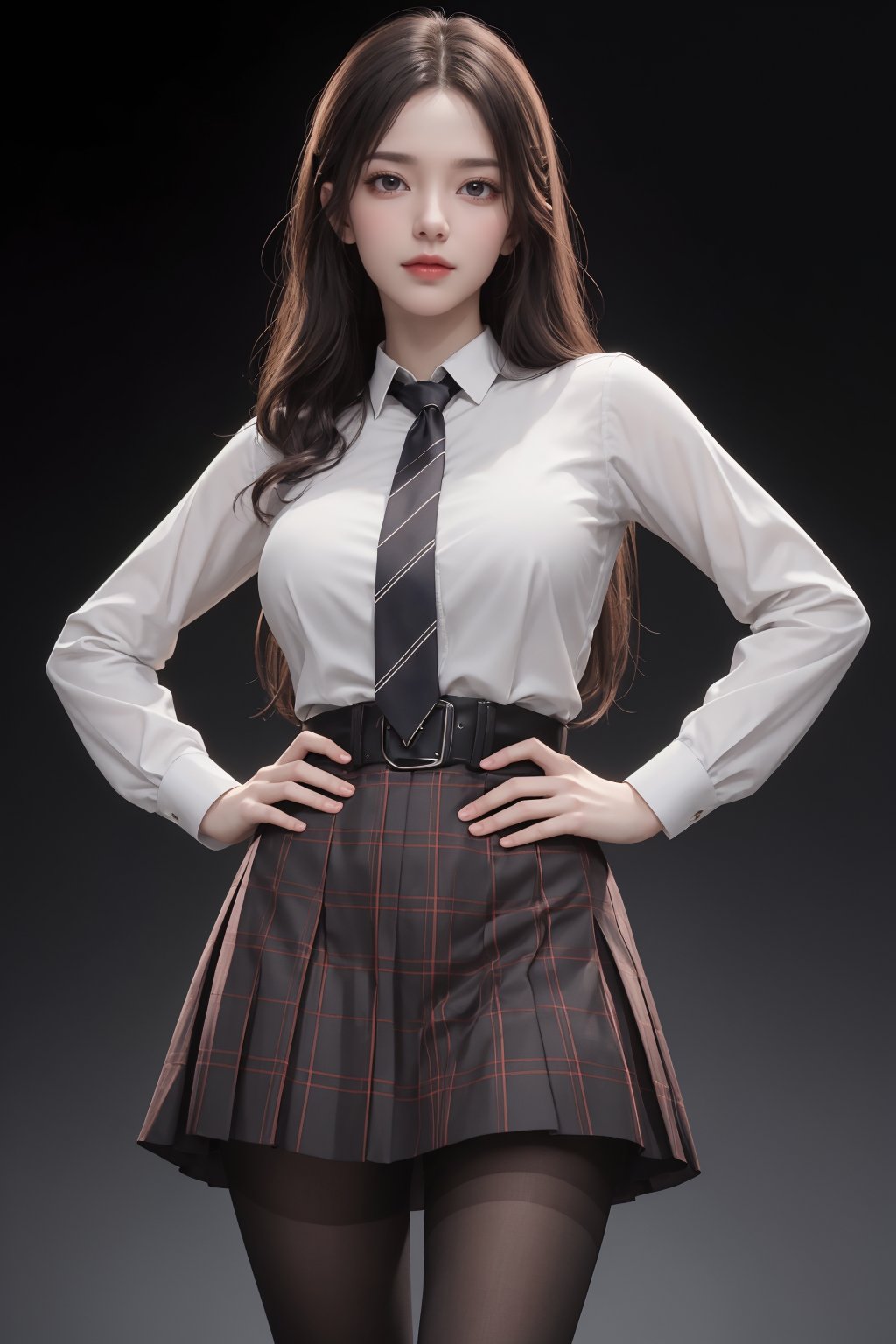 masterpiece,best quality,official art,extremely detailed CG unity 8k wallpaper,realistic,light rays,light particles,1girl,solo,skirt,pantyhose,plaid skirt,black hair,long  hair,pantyhose,standing,day,(simple background:1.2),necktie,dynamic pose,looking at viewer,cowboy shot,breasts,hand on hip,belt,lips, <lora:jk美女:0.8>