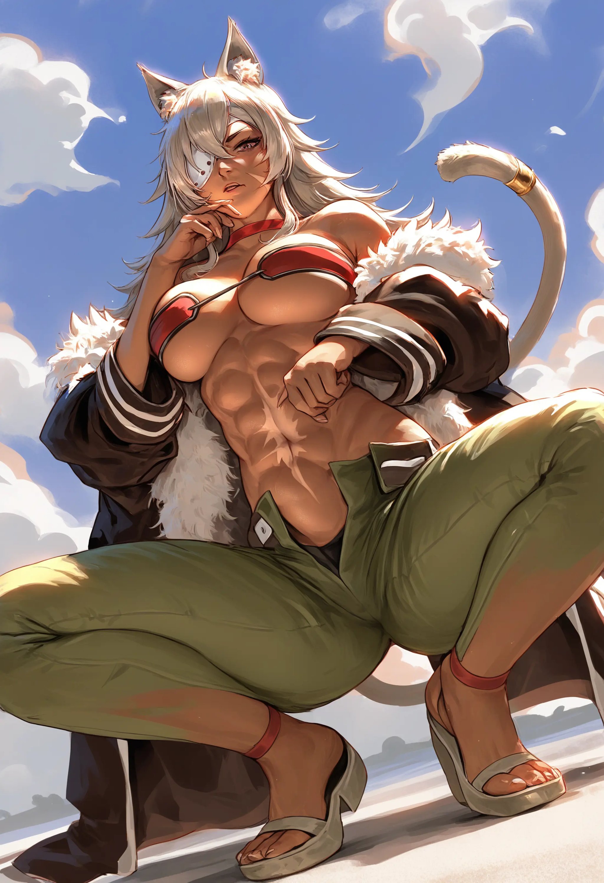 (score_9,score_8_up,score_7_up),source_anime,<lora:mushoku_ghislaine:1>,enialsihgpnxl,ghislaine dedoldia,1girl,cat girl,animal ear fluff,green pants,dark skin,fur trim,dark-skinned female,eyepatch,solo,tail,red choker,scar,squatting,scar on stomach,scar on cheek,fur-trimmed jacket,underboob,looking at viewer,from below,