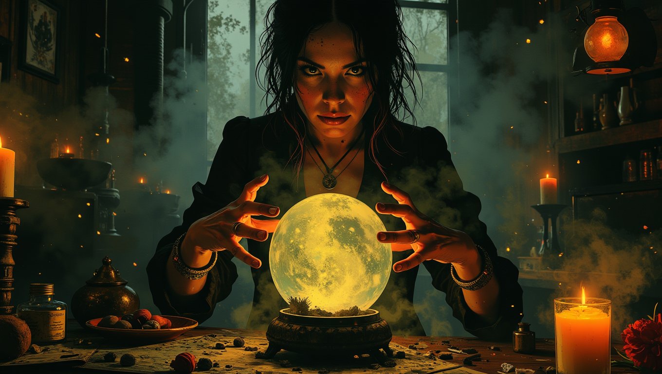 An enigmatic fortune teller in a dimly lit room, her hands hovering over a crystal ball. Her eyes are intense, peering into the swirling mists within the glass. The table in front of her is cluttered with tarot cards, candles, and strange artifacts, creating an atmosphere thick with mystery<lora:Luminous_Shadowscape:0.6>