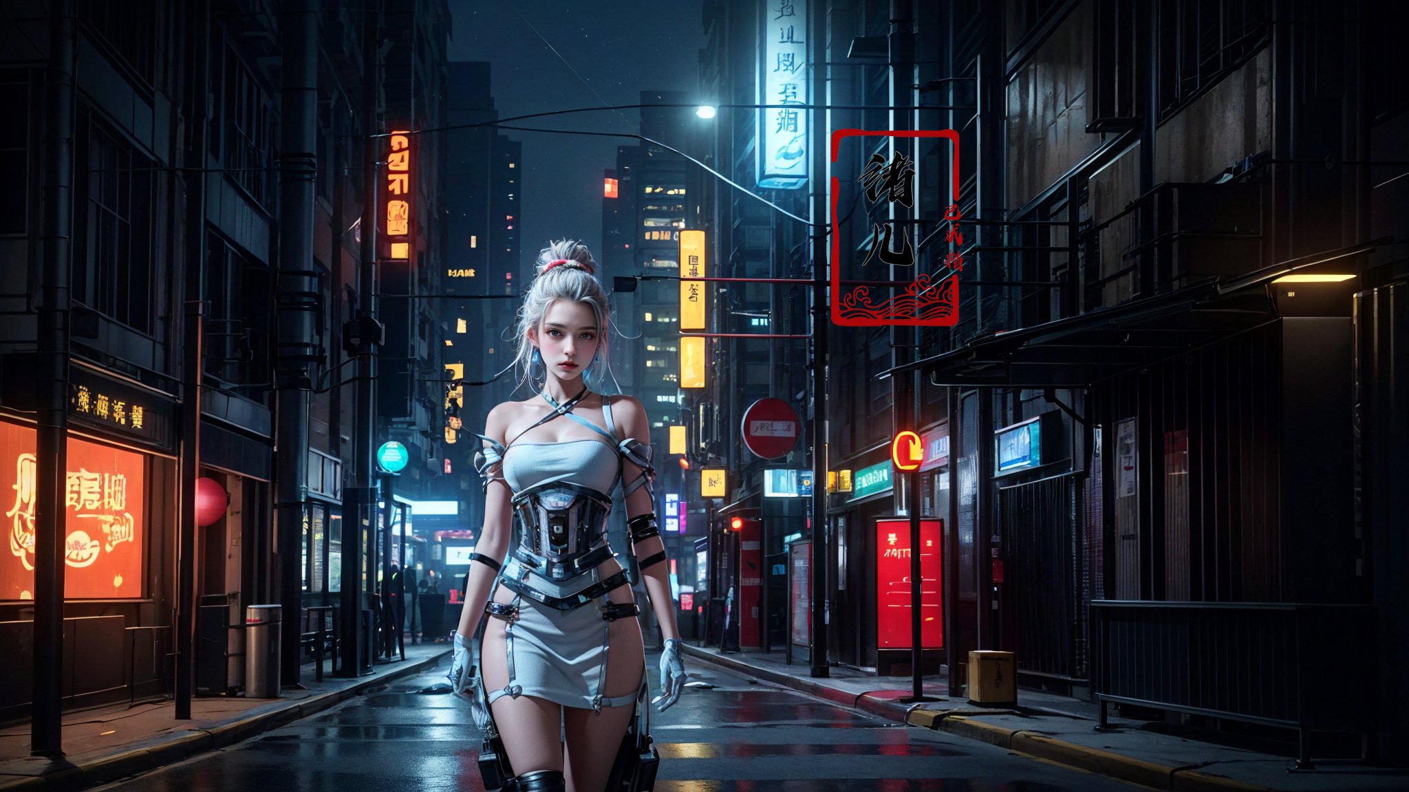 (Masterpiece),(best quality),((masterpiece)),(highres), original, (extremely detailed 8K wallpaper),{{{{ cowboy shot}}}}, Depth of field, absurdres,ooking at viewer,(chinese style architecture),((cyberpunk city)), (light pollution), rainy night, (wet), (((cropped shoulders))), (cyberpunk), science fiction, workshop,neon lights, english text,1girl, (Beautiful and detailed facial depiction), Gloom, Sad, ((shiny skin)), {Extremely Delicate Beautiful},(Beautiful and detailed eye description), Delicate Faces, (Winter snow), (Taoist robe), (Upper body), Chinese style clothes,Chinese Han clothing,White and blue Taoist robe, (colored china dress), (hybrid), messy_hair, multicolored hair, (colored tips), shiny hair,((exoskeleton)), (mechanical joints), (mechanical parts), ((internal structure)), (detailed structure),  hair rings, mechanical internal structure, delicate internal structure, (glow, light pollution:1.3)，(cables), (wires), (pistons), electricity, (glowing orbs), (luminous engine), energy cannon, (energy core), (cables connected to body), (wire connected to body), (robotic arms), ((Electronic collar)),Pauldrons, (Scapular cannon), screws, piugs, ventilator fans, 3d, 3d render, beautifully lit, ray tracing,scattered particles, emotionless, Slim waist, outdoors, detailed background, (neon lights),  lighting face, stars in eyes,<lora:绪儿-赛博城市场景 science cyber:0.5>