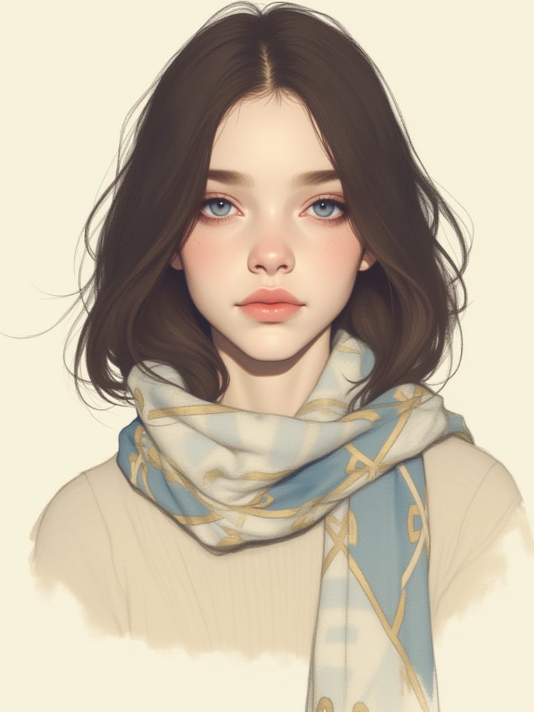 OBxiaoxiang,This is a digital illustration of a young woman with a soft, ethereal aesthetic. The subject has fair skin, delicate facial features, and a symmetrical face. She has large, almond-shaped blue eyes with long, dark lashes that accentuate her gaze, which is directed straight at the viewer. Her lips are full and slightly parted, with a natural, rosy hue. Her hair is dark brown, shoulder-length, and slightly tousled, with a few strands framing her face.She is wearing a light beige sweater that has a subtle texture, hinting at knit fabric. Around her neck is a loosely draped scarf with a geometric pattern in shades of blue, white, and gold, adding a touch of warmth to her appearance. The background is a plain, off-white color, which helps to focus attention on the subject.The style of the illustration is hyperrealistic with a soft, almost dreamy quality, achieved through delicate brushstrokes and subtle blending. The artist has captured a sense of tranquility and vulnerability in the subject's expression, making her appear both serene and introspective. This digital artwork combines elements of realism and fantasy, creating a captivating and emotive image.