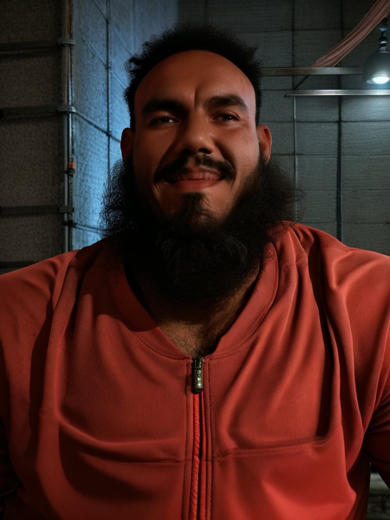 realistic photo of muscular bearded (man) in a worn ((skin-revealing skimpy erotic red tracksuit, massive hairy pecs)), big pecs, big arms, bulge, VPL, ((light bokeh)), intricate, (steel metal [rust]), elegant, erotic, exuding sexual energy, homoerotic, sharp focus, photo by greg rutkowski, soft lighting, vibrant colors, (masterpiece), ((streets)), (detailed face), looking at viewer, light smile, night, walking towards viewer, cinematic lighting, beautiful lighting, cinematic lighting, (hazy filter, film grain:1.2)<lora:EMS-321443-EMS:1.000000>