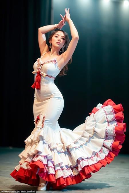 a woman is posing for a photo,(wearing flamenco_dance_dress:1.3), white dress,good hand,4k, high-res, masterpiece, best quality, head:1.3,((Hasselblad photography)), finely detailed skin, sharp focus, (cinematic lighting), collarbone, night, soft lighting, dynamic angle, [:(detailed face:1.2):0.2],(((inside theater))),     <lora:flamenco_dance_dress-10:0.5>