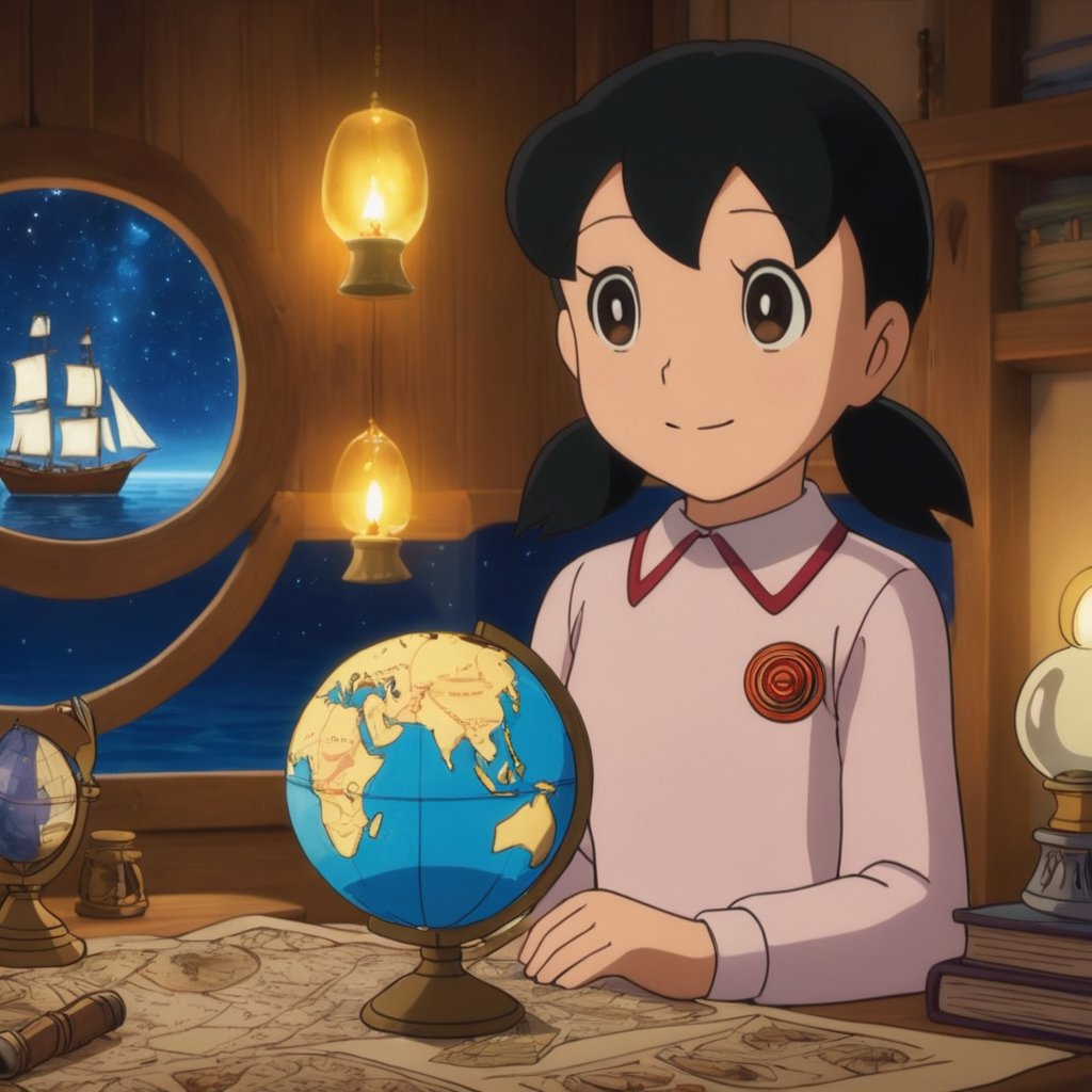 minamoto shizuka, smile, Teenage girl navigator studying ancient maps in a grand ship's cabin, surrounded by nautical instruments, glowing globe, and exotic artifacts, warm candlelight, tall windows showing a starry night sky and phosphorescent sea, sense of adventure and discovery, child,masterpiece, perfect face, best quality, beautiful eyes, shiny eyes, anime coloring, anime screencap, absurdres, award winning,<lora:minamoto shizuka aam 905:0.8>