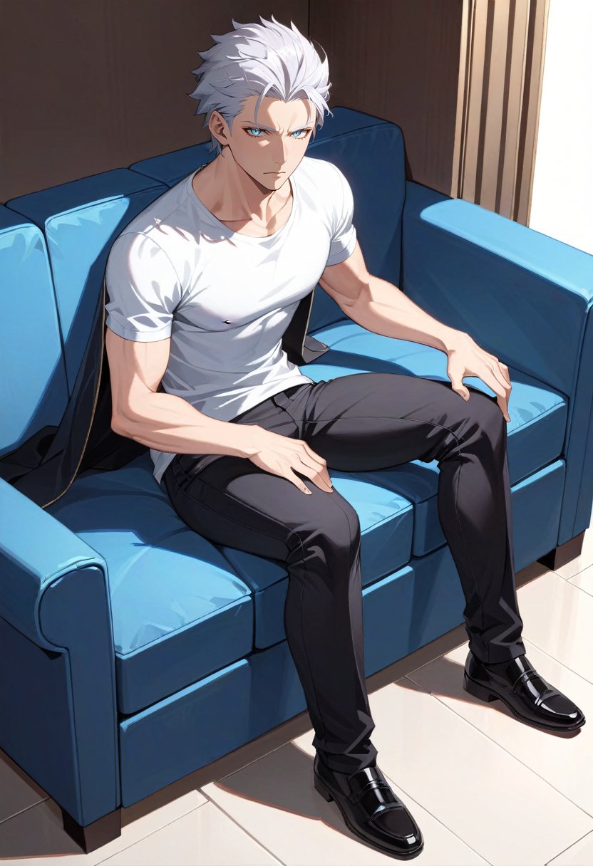 solo, male focus, 1boy, dmc5vergil, macular male, expressionless, sitting, crossed legs, couch, white t-shirt, short sleeves, black pants, indoors, masterpiece, best quality, rating: general, newest <lora:dmc5_vergil_xl-000004:0.9>