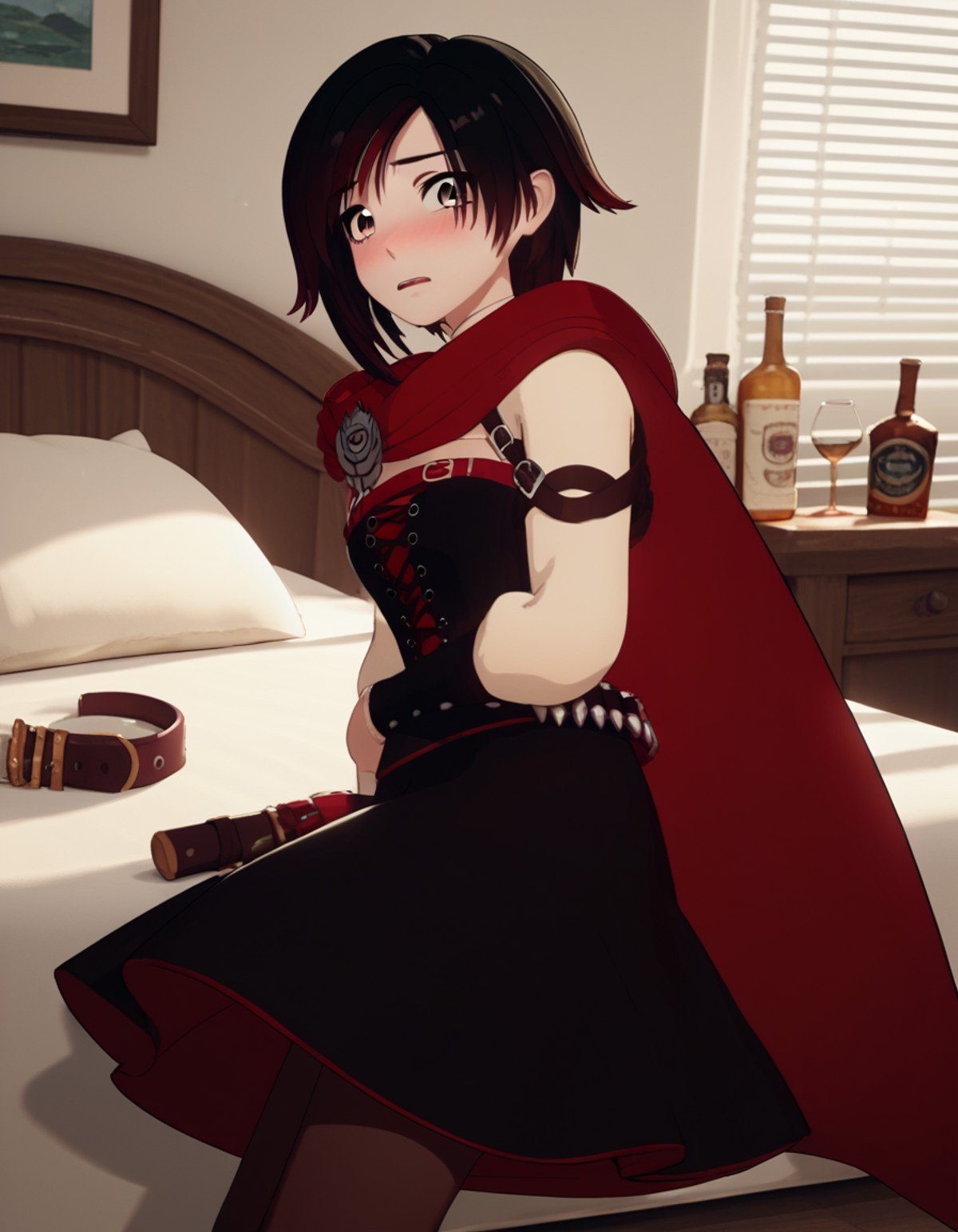 score_9, score_8_up, score_7_up, source_anime, <lora:ruby-rose-ponyxl-lora-nochekaiser:1>, ruby rose, short hair, black hair, red hair, grey eyes,, dress, pantyhose, cape, corset, belt,, indoors, bed, bed room, on side, blush, drunk, looking at viewer, solo, cowboy shot, dutch angle