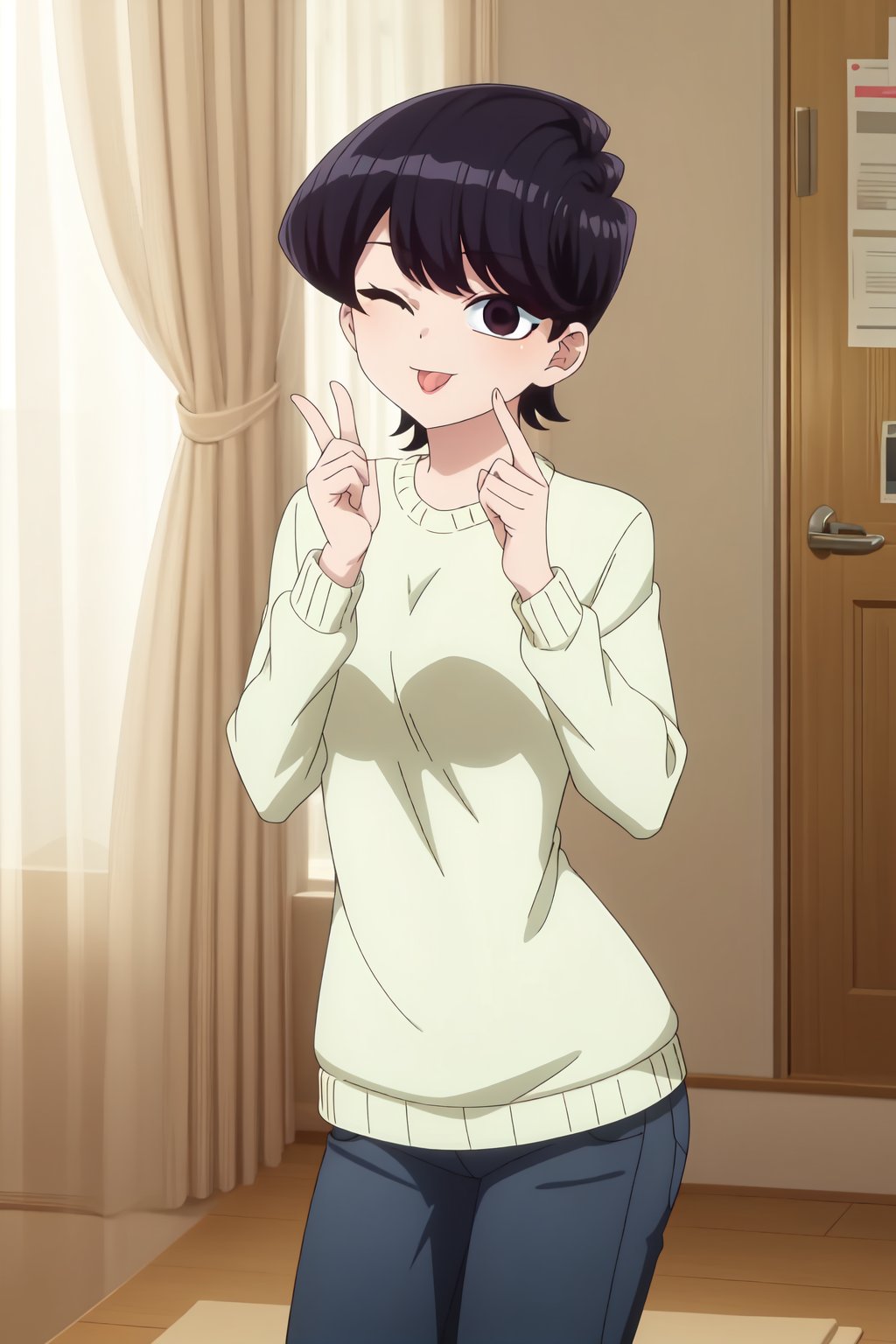 Shuuko Komi, 4k, absurd, high resolution, ultra high resolution, high definition, masterpiece, ilustration, 2d, anime style, 1girl, solo, looking at viewer, smile, short hair, black hair, long sleeves, one eye closed, tongue, pants, indoors, tongue out, black eyes, sweater, v, denim, curtains, jeans, ;p, v over eye, >_o<lora:EMS-462567-EMS:0.800000>