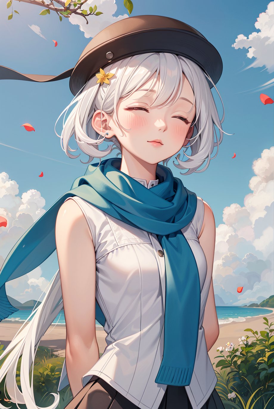 game cg,best quality,official art,(((light from the sky))),floating hair,light shines on hair,ultra-detailed,(((extremely detailed cg 8k wallpaper))),(crystalstexture skin:1.4),(extremely delicate and beautiful)jewelry,(white skin),looking_at_viewer,sky,cloud,outdoors,solo,hat,furry,grass,leaf,closed eyes,cloudy sky,petals,standing,scarf,Moon,at the bottom of the water,Bubble,miji,miku,hatsune miku,upper body (arms behind back), <lora:YG可爱动漫风格:0.75>,