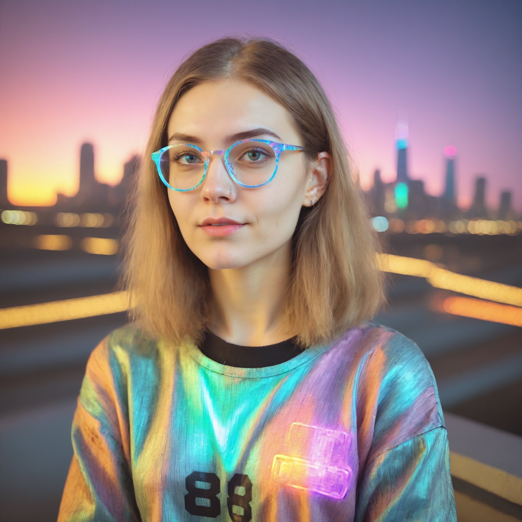 18 years old glasses woman, Rebulia, in a colorful outfit posing for a picture in front of a city skyline at night with a neon light, Alex Grey, colorful, a hologram, neo-fauvism <lora:rebulia:0.8> 