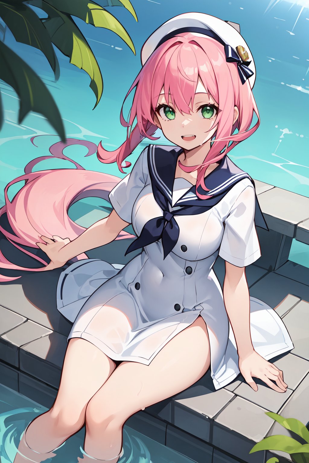 1girl, , :d, aria company uniform, blouse, clothing cutout, day, dress, floating hair, green eyes, hair intakes, hair tubes, hat, long dress, looking at viewer, open mouth, outdoors, pink hair, sailor collar, sailor dress, shirt, short hair with long locks, short sleeves, side slit, sitting, smile, soaking feet, solo, water, white dress, white headwear, white sailor collar, white shirt, 