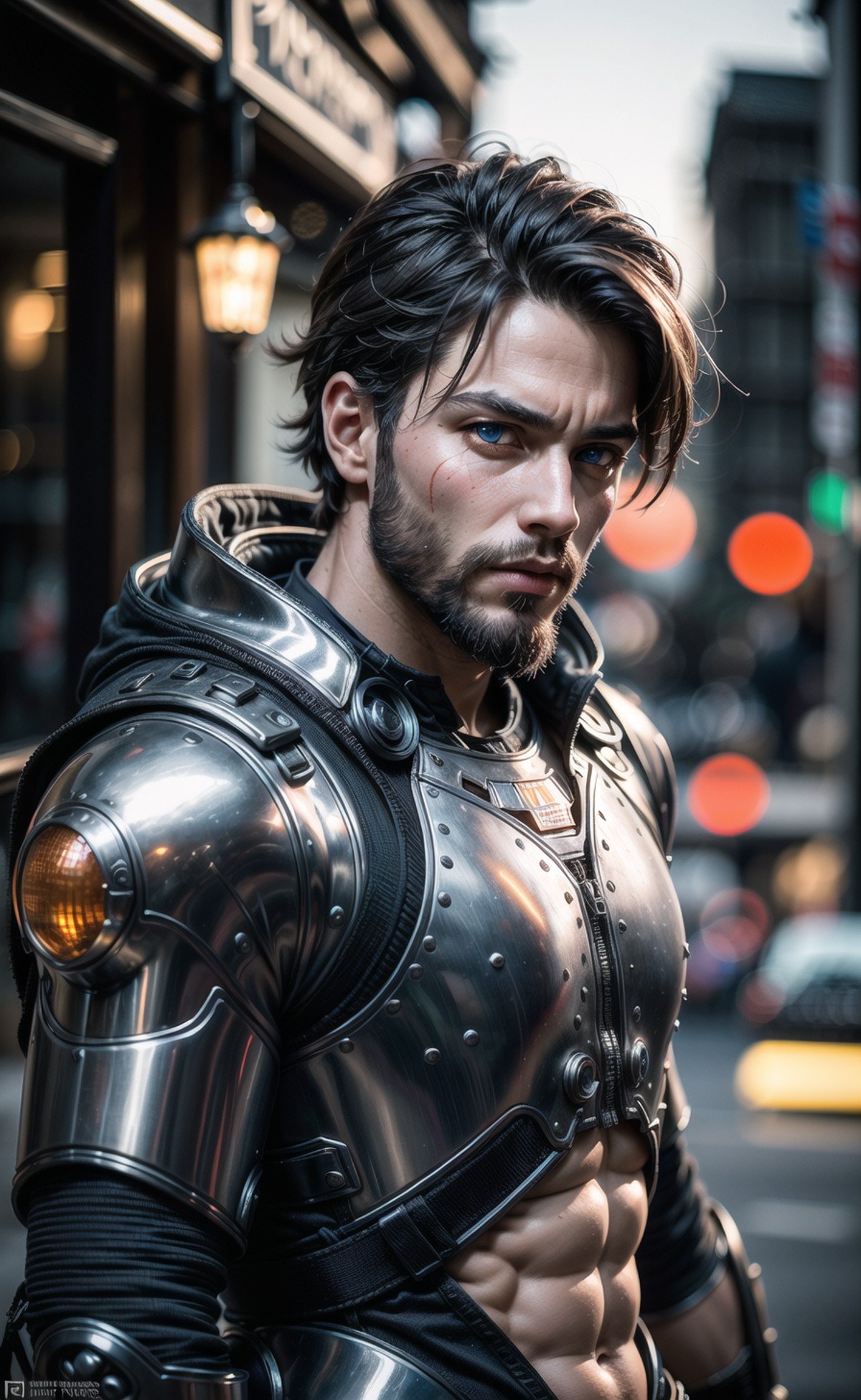 Portrait photo of muscular bearded guy in a worn mech suit, ((light bokeh)), intricate, (steel metal [rust]), elegant, sharp focus, photo by greg rutkowski, soft lighting, vibrant colors, (masterpiece), ((streets)), (detailed face:1.2), (glowing blue eyes:1.1) <lora:FilmVelvia3:0.4>  <lora:more_details:0.6>