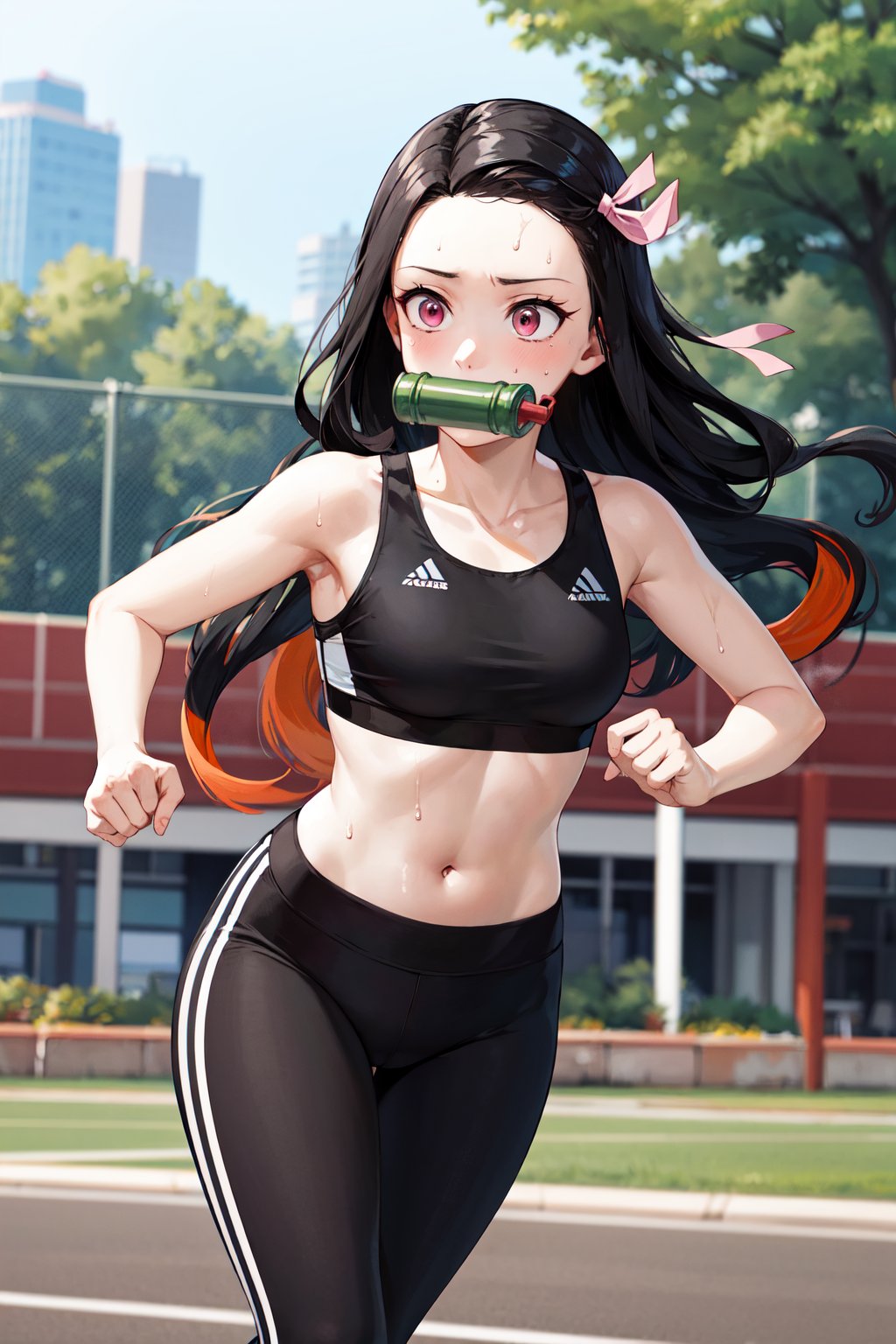 masterpiece, best quality, highres, aanezuko, long hair, multicolored hair, hair ribbon, bit gag, mouth hold, <lora:kamado_nezuko_v1:0.7>, sports bra, crop top, legging, running, sweat, park