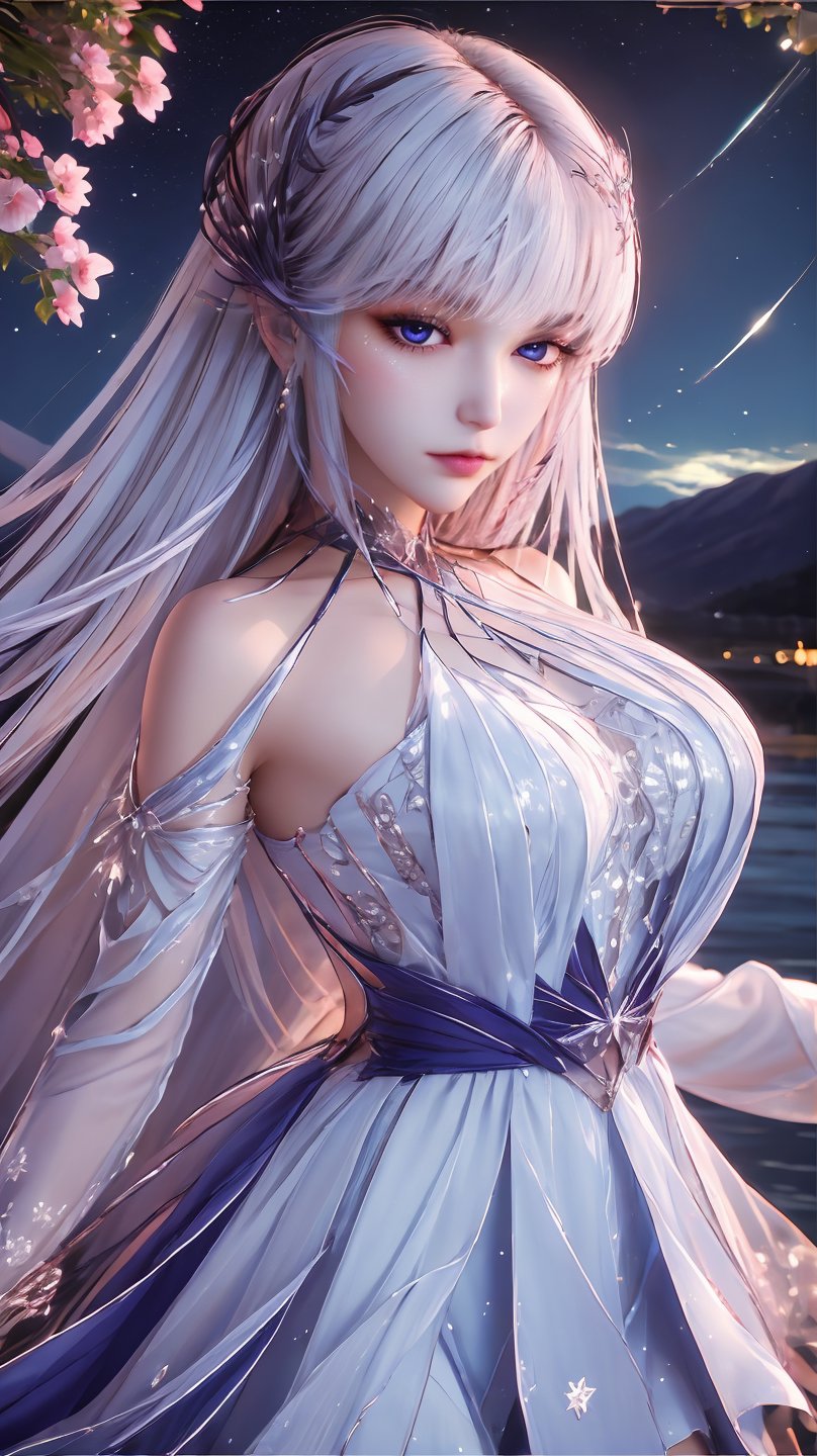 ((masterpiece)),((best quality)),wallpaper,ce,1girl,solo,breasts,white hair,long hair,bare shoulders,white dress,a slim figure,long hair,split long sleeves,dynamic_pose,night,madotsuki,starry_sky,depth of field,facial polishing,delicate skin,reflective eye shadow,tanono,fluorescence,in a meadow,mizu,river,,,stenciled_rose,flower field,portrait,<lora:QYpifuV1:1>,<lora:玫瑰花场景-王导:0.6>