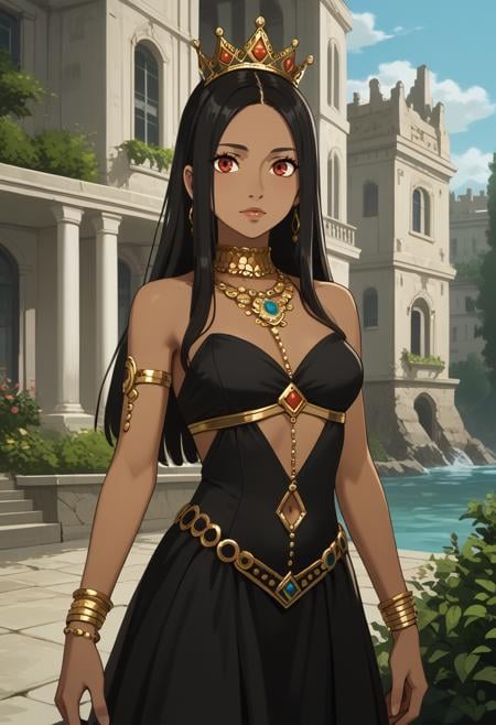 score_9,score_8_up,score_7_up,score_6_up,score_5_up,score_4_up, BREAK, 1girl, solo, (looking at viewer), scenery, outdoors, dark-skinned female,  queen, Crown, regal gown, jewelry, accessories,