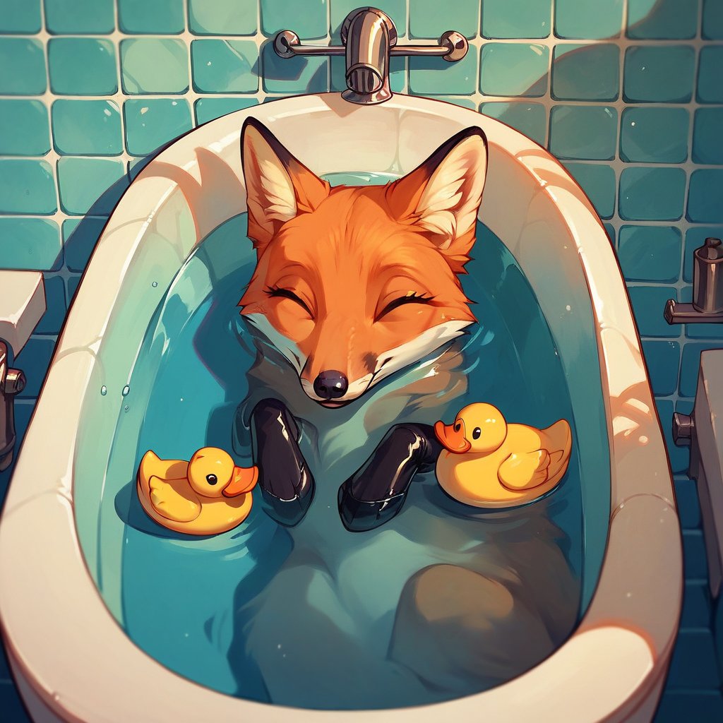 score_9, score_8_up, score_7_up, score_6_up, score_5_up,  <lora:f0xXLP:1> fox, f0x, cute, bath, rubber duck, 