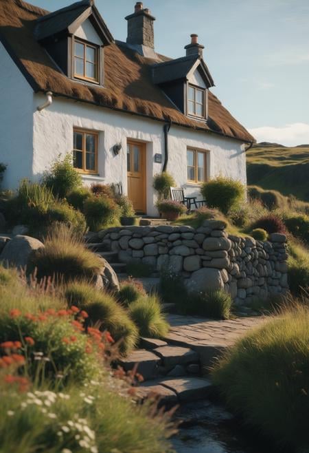 a beautiful cottage, scotland coastal village, (sharp focus:1.2), extremely detailed, (photorealistic:1.4), (RAW image, 8k high resolution:1.2), RAW candid cinema, 16mm, color graded Portra 400 film, ultra realistic, cinematic film still, subsurface scattering, ray tracing, (volumetric lighting)