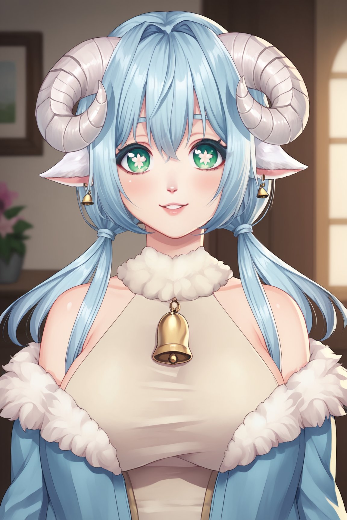 score_9, score_8_up, score_7_up, score_6_up, score_5_up, score_4_up, KotoneAsahiVTXL, green eyes, white pupils, flower shaped pupils, blue hair, short hair, twintails, hair between eyes, sheep ears, curled horns, large breasts, bare shoulders, blue jacket, fur trim, white dress, neck bell, solo, front view, (portrait, upper body), solo focus, seductive smile, looking at viewer, indoors <lora:KotoneAsahiVTXL:0.9>