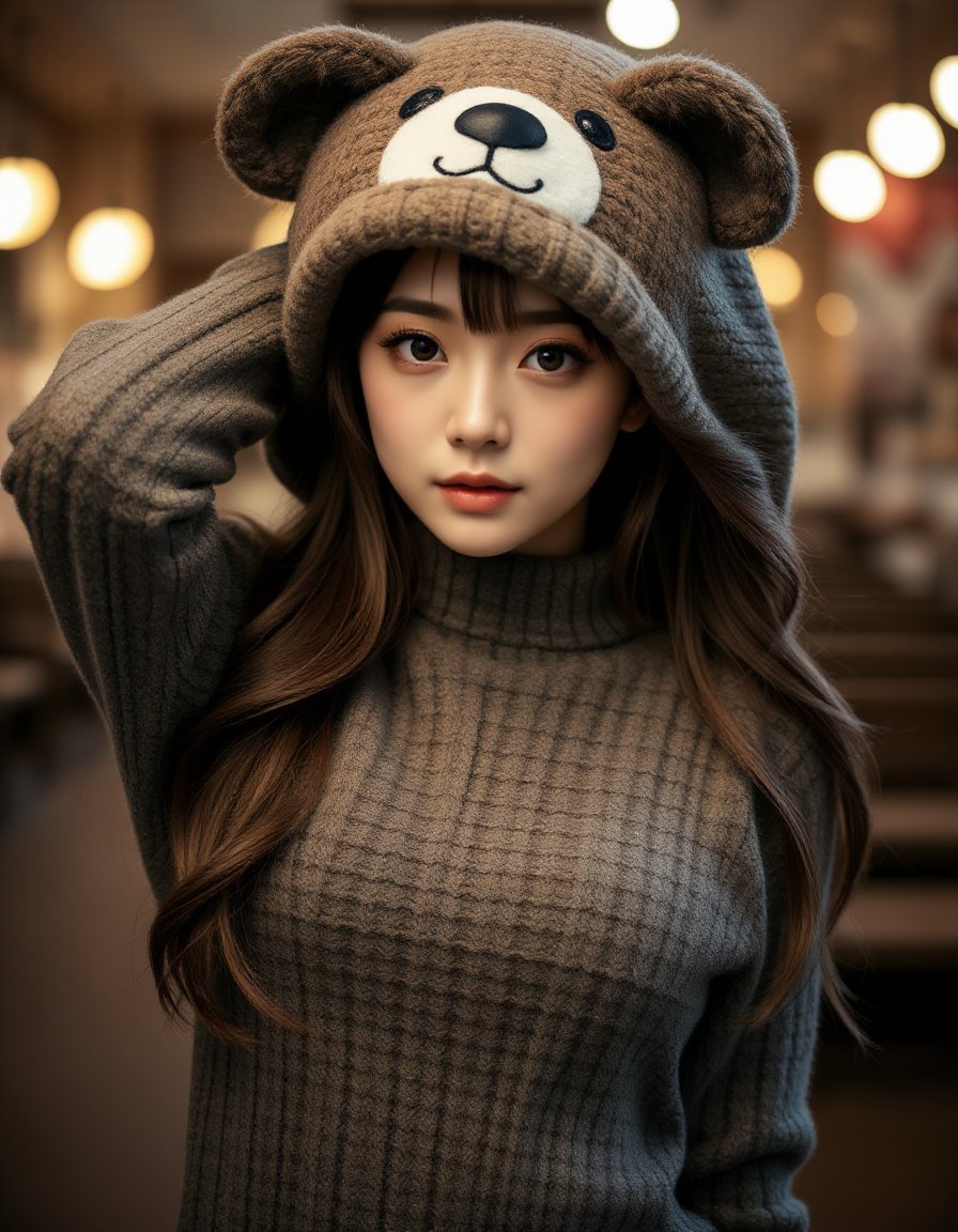 best quality, masterpiece, realism, realistic, long sweater fur-suit with bear costume, hands behind the head, cheats cutout, analogue photo of adult girl in costume, looking at viewer, long hair, extremely beautiful detailed face, medium breasts, (cute face, temptations look), eye level, professional photo, high contrast exposure, soft bokeh, high key light, hard shadow, soft bokeh, playful theme,  <lora:hinaFluxAsianMixLora-schnell_v2:0.9>