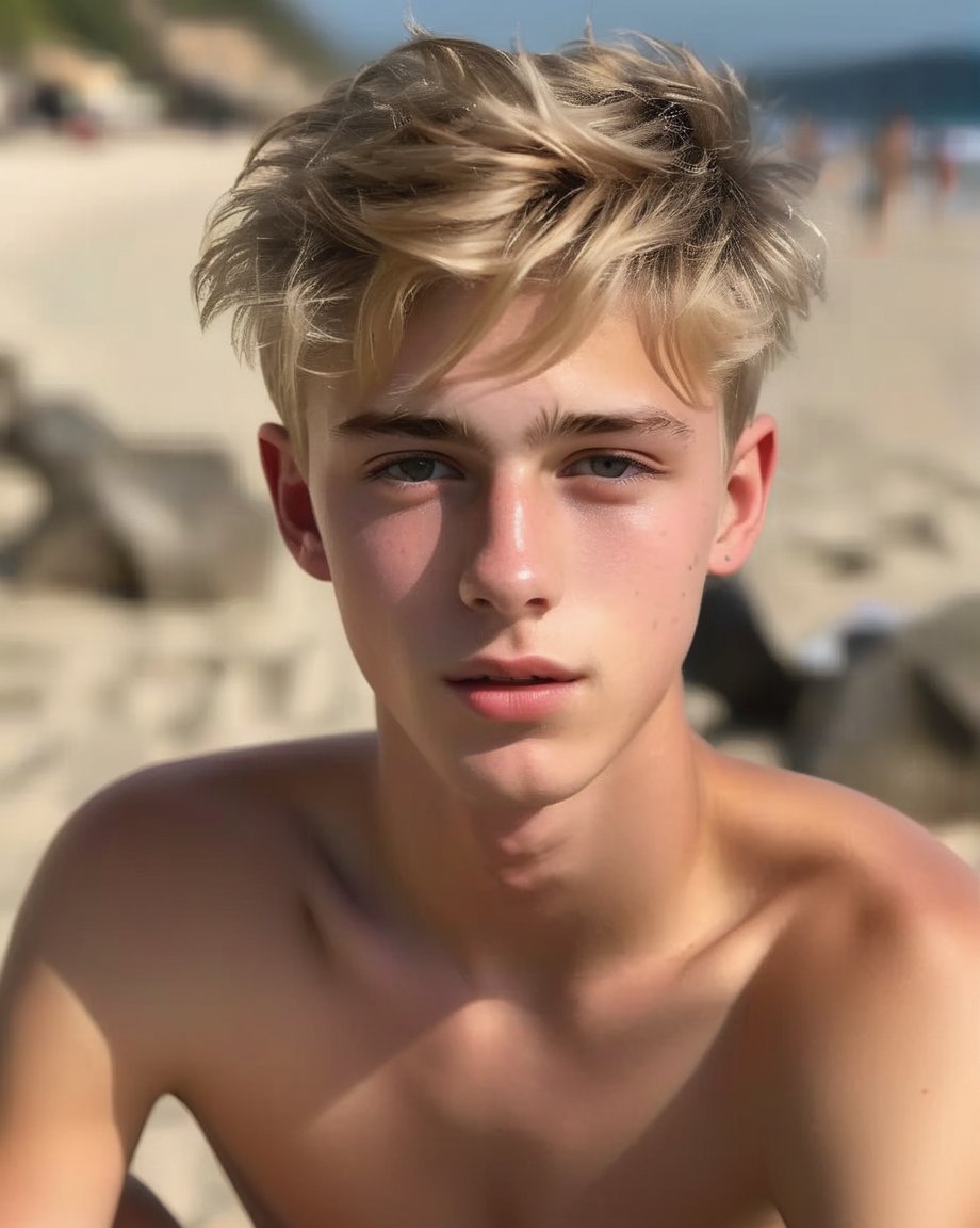 an 18 years old handsome cute blond boy, (shirtless: 1.5), sitting on the beach, sunshine, sharp focus, finely detailed eyes and face, short hair, fade haircut, male_only, sharp skin, masterpiece, photorealistic, ultra-detailed, fine skin detail, best, super fine, best quality, ultra highres, 8k, RAW photo<lora:EMS-353217-EMS:1.000000>