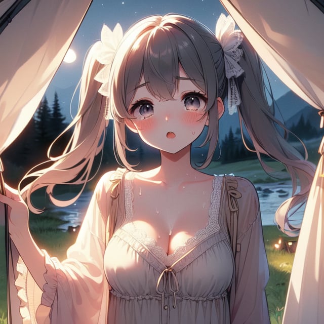 (((masterpiece))),  (((best quality))),  ((camping tent)),  ((open door curtain)),  ((holding pillow)),  ((beige frills chiffon pajamas)),  (((night))),  moon,  ((wind)),  cleavage,  big tits,  collarbone,  ((sweat)),  ribbon,  twintail,  open mouth,  rosy lips,  shy,  blush,  sleepy,  grass,  valley,  forest,<lora:EMS-272345-EMS:1.000000>