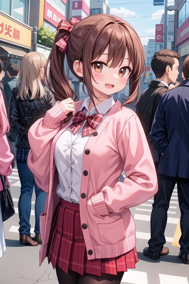 insanely detailed, absurdres, ultra-highres, ultra-detailed, best quality,1girl, solo, nice hands, perfect handsBREAK(School Uniforms:1.2), (pink cardigan is fit body:1.4), ((do up a buttons, not loose):1.5), ((long sleeve, sleeves past wrists):1.2), (inner wear is white collared-shirt:1.3), (red plaid-pattern bow:1.3), (red plaid-pattern pleated skirt:1.3), ((dark-brown pantyhose, loafers):1.2)BREAKhappy smile, laugh, open mouth, standing,from side,cute pose, cowboy shotBREAKslender, kawaii, perfect symmetrical face, ultra cute girl, ultra cute face, ultra detailed eyes, ultra detailed hair, ultra cute, ultra beautifulBREAKin harajuku, shibuya, tokyo, street, crowd, cityscapeBREAKmedium large breasts,(brown hair, brown eyes), hime cut