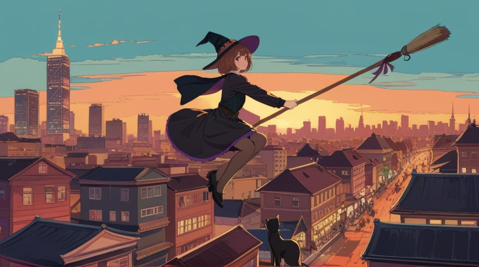 (best quality), ((masterpiece)), (highres), illustration, original, extremely detailed,  <lora:城静时光茶香美:0.7> kiki \(majo no takkyuubin\), 1girl, broom riding, broom, black cat, cat, flying, hair bow, dress, bow, short hair, cityscape, city, brown hair, sky, witch, outdoors, scenery, animal