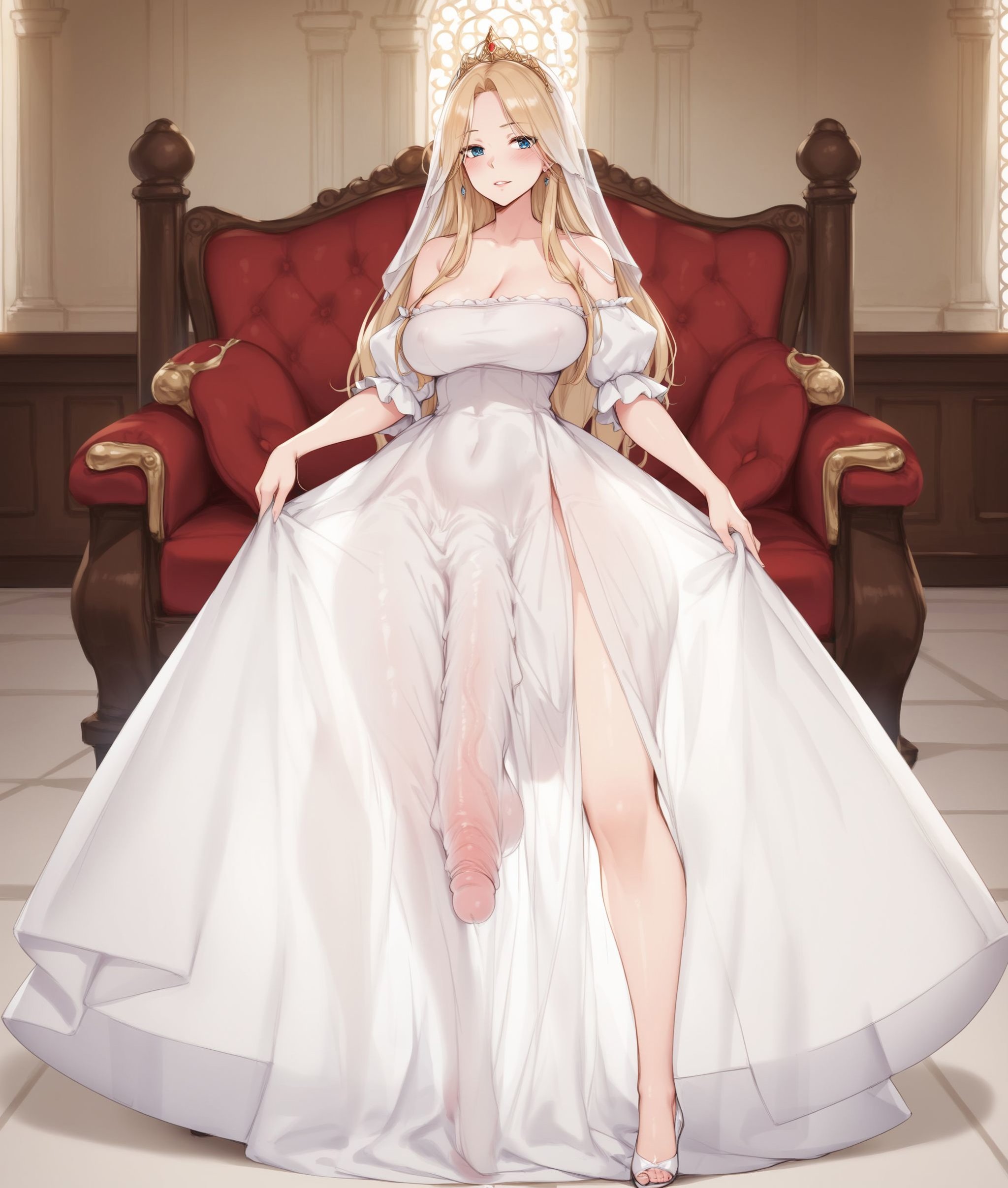 score_9, score_8_up, score_7_up BREAKbulgedleg_dress, indoors, palace, 1girl, solo, looking at viewer, blush, long dress, bulge, veiny penis, testicles, full body, <lora:bulgedleg-dropout:0.8>, 