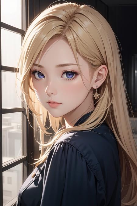 1girl, upper body, (masterpiece, best quality), RAW photo, 16k wallpaper, extremely detailed CG, amazing, ultra detailed, hyperrealistic, official art, High quality texture, incredibly absurdres, highres, 18 years old, cute girl, blonde hair, beautiful face, detailed dark indigo eyes, epiCPhoto