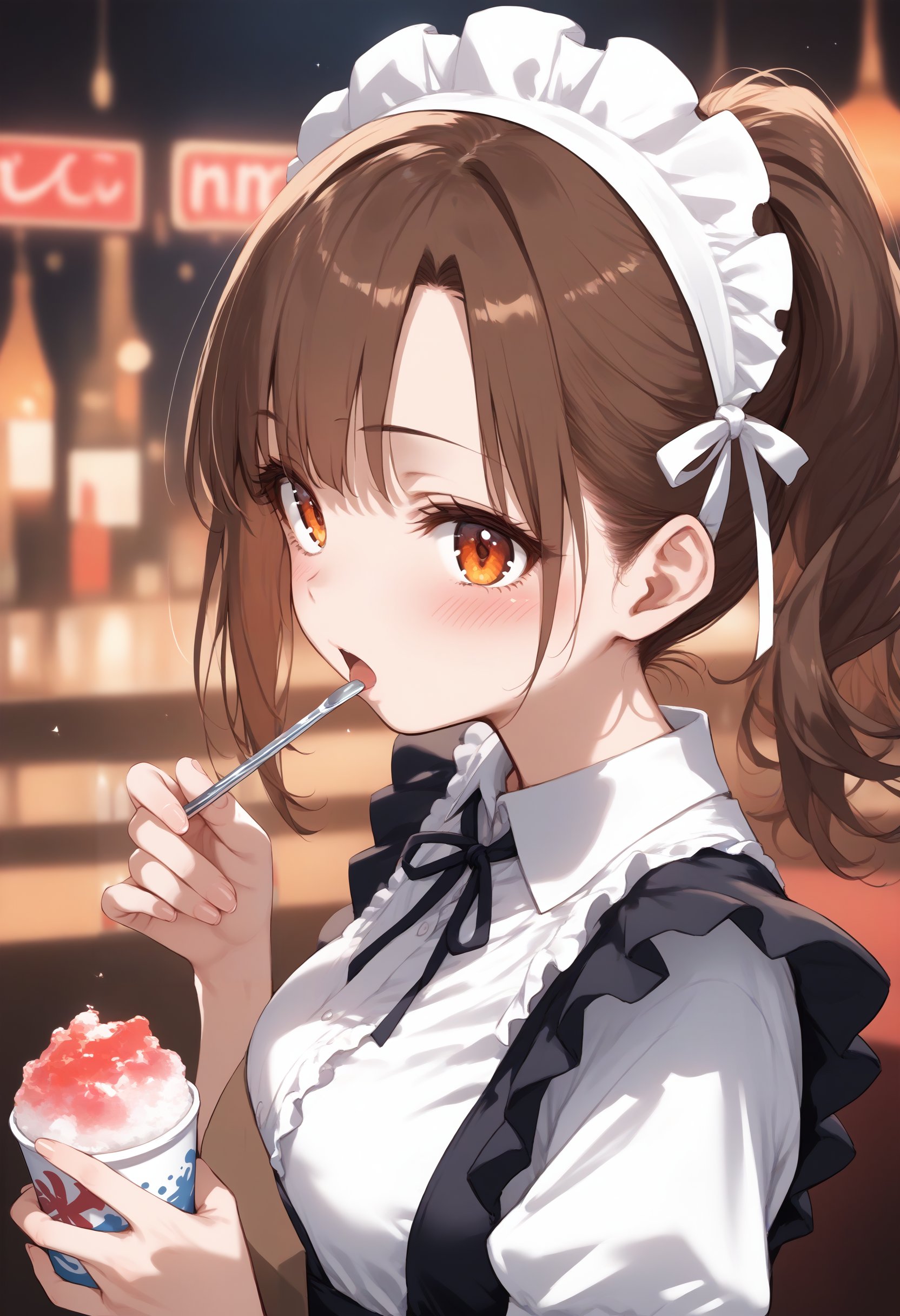 score_9, score_8_up, score_7_up, source_anime,1girl,solo,medium breasts, maid, maid headdress,shaved ice,<lora:shavedice_Pony_v1:0.8>holding drinking straw, spoon straw, eating,from side, fisheye lens, looking up, brown hair, orange eyes,blush, nightclub, open mouth, ponytail hair,,