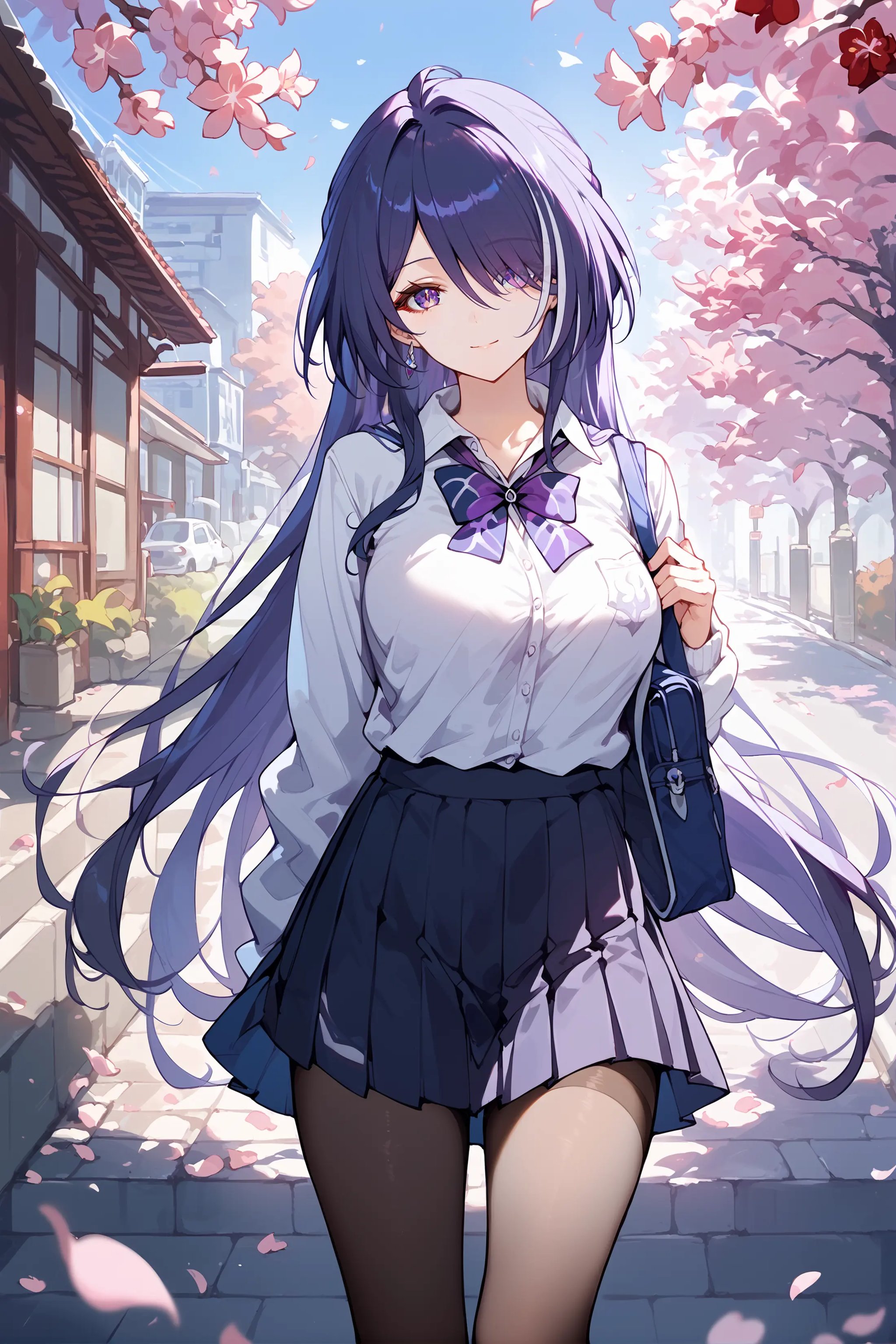 score_9, score_8_up, score_7_up, 1girl, acheron \(honkai: star rail\), solo, school uniform, white shirt, sweater, pleated skirt, pantyhose, light smile, looking at viewer, outdoors, street, cherry blossoms, petals, depth of field <lora:Char-HonkaiSR-Acheron-Pony-V1:0.9>