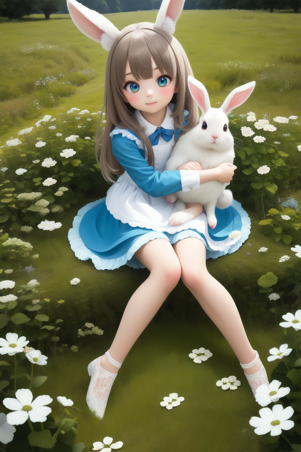 (masterpiece), (best quality), (extremely detailed), (1girl), solo, (pretty cute girl), looking at viewer, slender, evenly sized eyes, extremely detailed eyes, alice  in wonderland, hugging angora rabbit, bluewish, full body, outdoors, clover meadow, extremely detailed wallpaper, (parfect detail features), 8k, UHD, clover