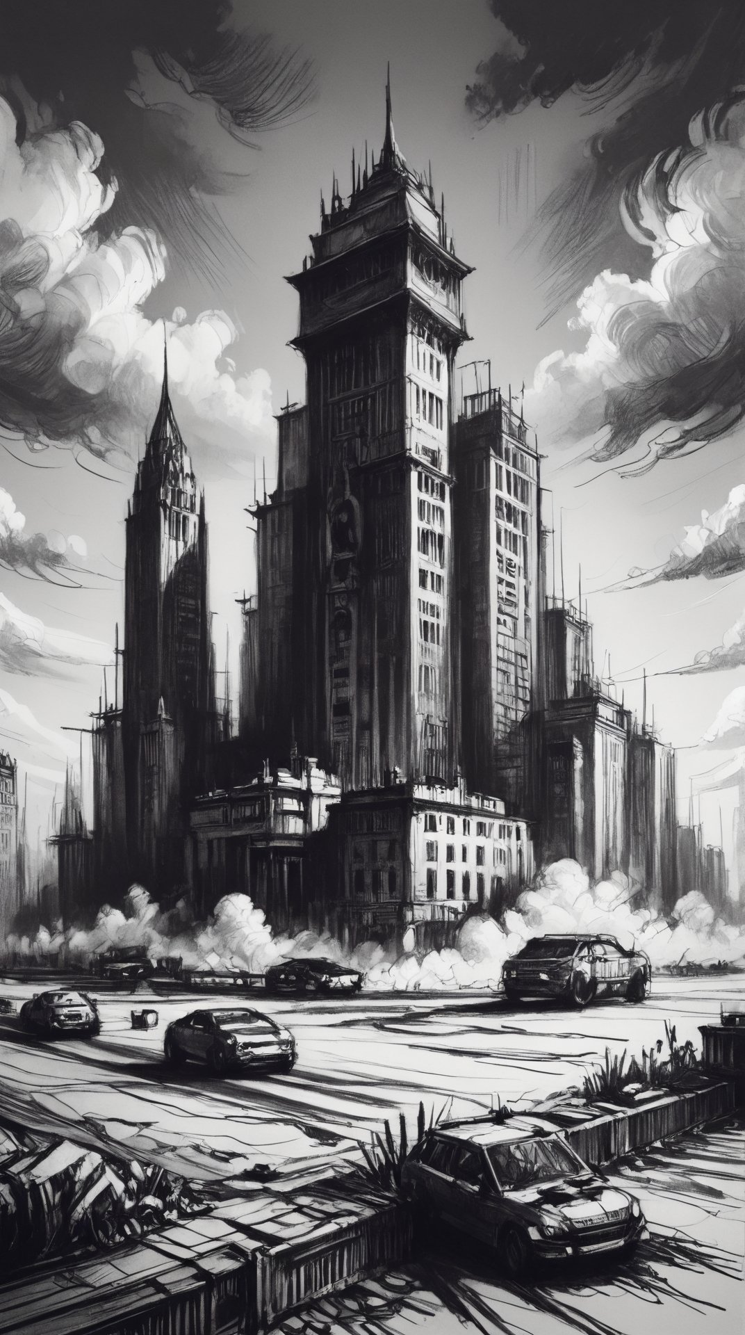 monochrome, (black background, white ink:0.5), detailed sketch graphite (medium) building, avenue, cloudy sky, paved roads, in the style of thomas kinkade, trending on artstation, photorealistic, destroyed buildings, vivid colors scheme, neon signs, sharp, cinematic, digital art