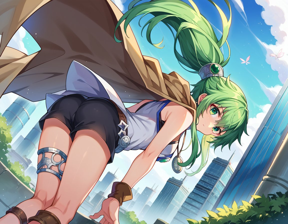 score_9, score_8_up, score_7_up, source_anime,windapriestessofgusto, <lora:winda-priestess-of-gusto-ponyxl-lora-nochekaiser:1>,winda priestess of gusto, green eyes, green hair, long hair, ponytail,choker, cape, brown cape, jewelry, pendant, anklet, black shorts, collarbone, shirt, short shorts, shorts, sleeveless, sleeveless shirt, thighlet, white shirt,outdoors, cityscape, bent over,looking at viewer, cowboy shot, dutch angle,