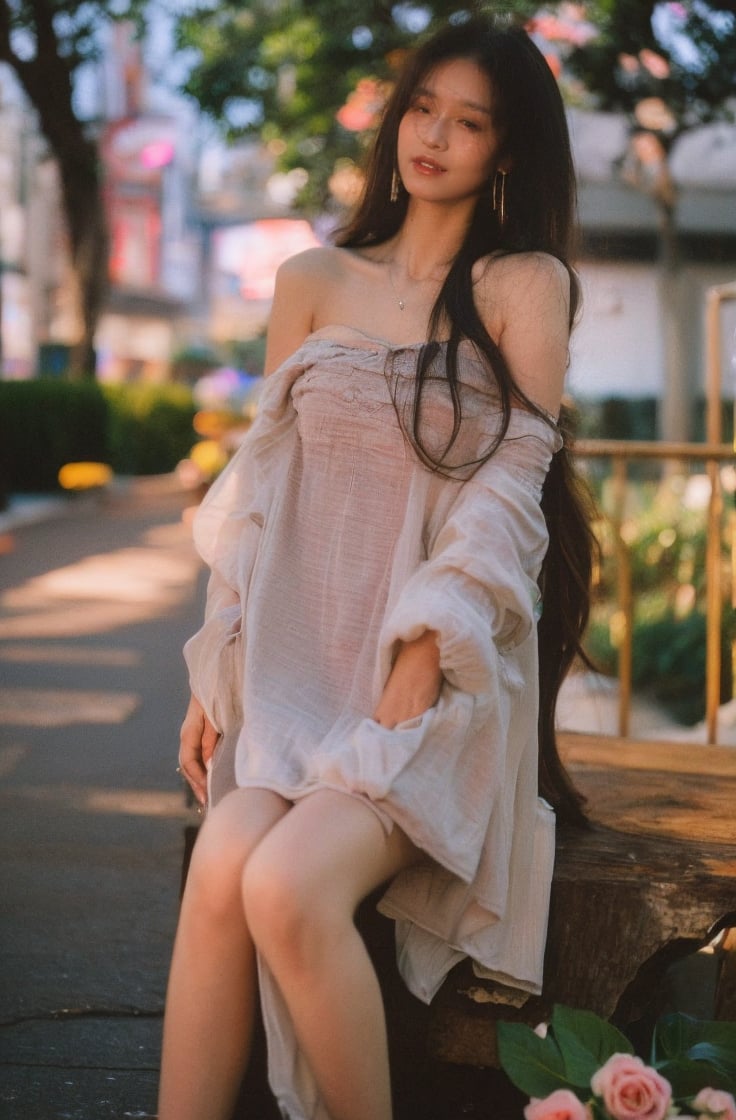 1girl,dress,flower,solo,brown hair,pink dress,sitting,rose,plant,(long hair:1.3),blurry,bare shoulders,pink flower,jewelry,pink rose,necklace,depth of field,off-shoulder dress,parted lips,off shoulder,breasts,looking at viewer,collarbone,lips,vines,strapless,princess,strapless dress,blurry foreground,full body,earrings,smile, <lora:纯欲摄影小姐姐:0.8>