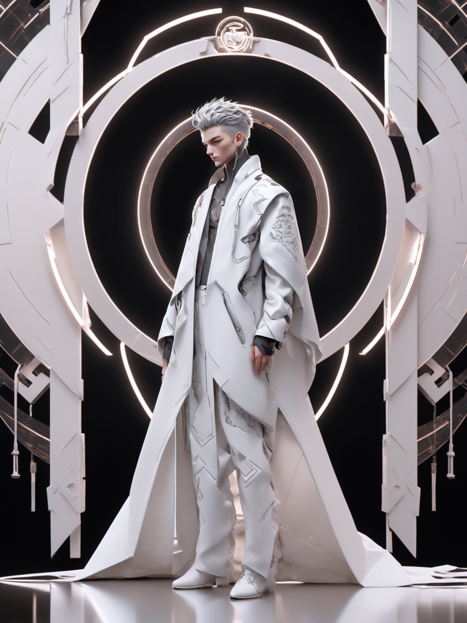 standing,((full body)),((full view)),Golden ratio figure, tall,a young individual with a striking appearance. They have silver-white hair styled in a tousled manner, and their eyes are intense, gazing directly at the viewer. The person is wearing a white, futuristic-looking jacket with intricate patterns and designs,Futuristic Pants,The jacket has a circular emblem on the left side, which appears to be a stylized bird or creature. The background is dark, with a glowing circular design that emits a soft light, creating a contrast with the subject <lora:Suotai-000006:1>