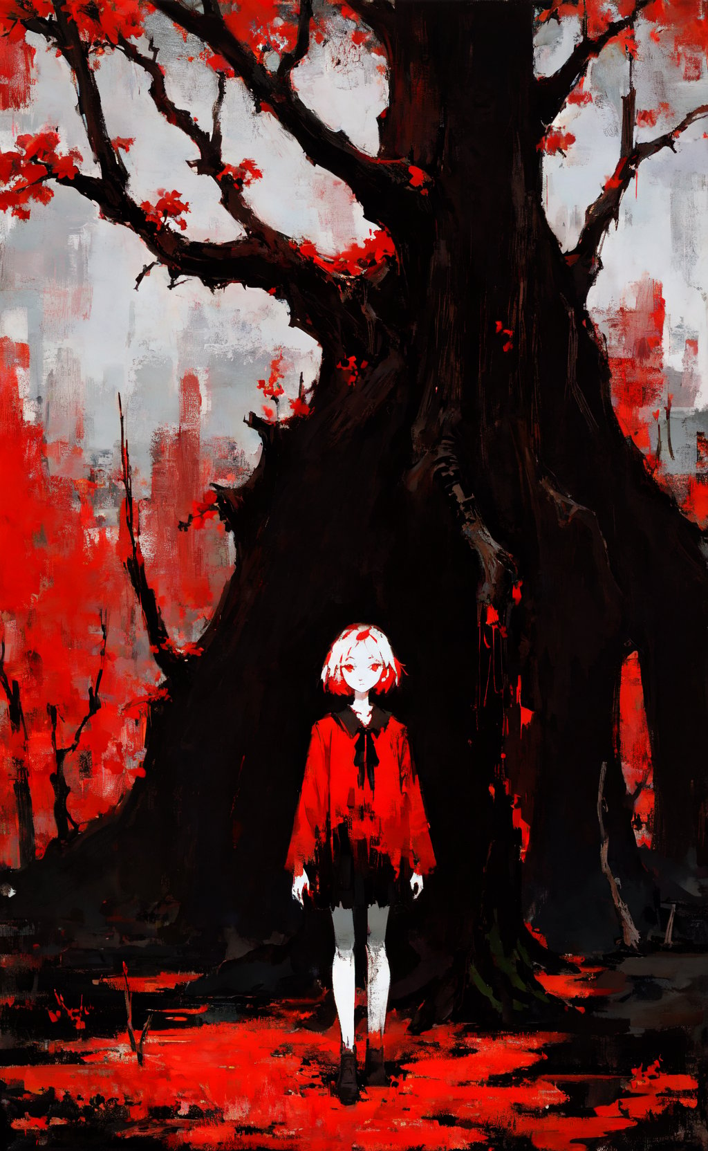 masterpiece, best quality, girl standing under the dead tree, black and red palette, eerie