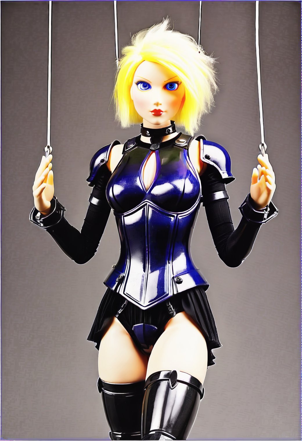 (marionetka, a puppet with short blonde hair and a black armour, is suspended by:1.5) ,,inkunk style,Magazine Cover,wild Ai Artist, Side Chest,cinematic ,realistic , (Sleeveless0.9), cleavage_Cutout,18 to 22 years old Polish girl, look beautiful Polish girl and blue eyes or green eyes with platinum blonde hair color,( rose tatoo),( waterfall in the background), treasure, (dirty outfit),cinematic light,unreal engine 5 render, octane render, intricately detailed, cinematic, trending on artstation 