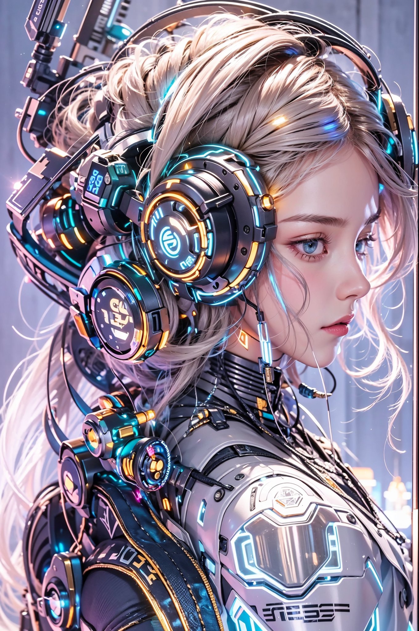 best quality,masterpiece,16K,1 girl,cyberpunk,Luminous headphones,Mechanical jewelry fragments,technical background,Frontal close-up,Metal helmet,Pistol-**** earpiece mechanical structure,multi-light headphones,Headphones with ultra-complex mechanical structure,Multi-light neck protection,Glows red,Weirdly shaped mechanical headphones,Super complex mechanical headphones,Mechanical armor,Multiple light source points throughout the body,city background,Multiple light source background,skyscrapers,night,