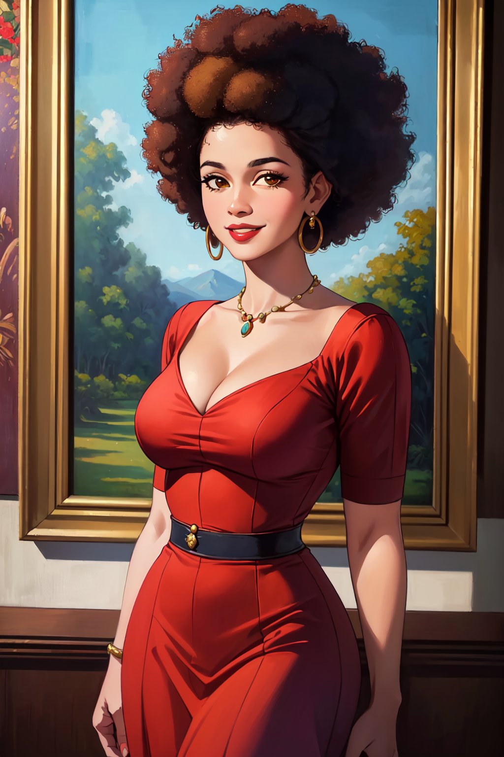 ((best quality)), ((masterpiece)), ((realistic)), vintage Afro-Caribbean woman, elegant attire, 1950s fashion, radiant smile, confident stance, cultural pride, (oil painting:1.2), (Lois Mailou Jones:1.1), (Kadir Nelson:1.1), vivid colors, nostalgic background, authentic vintage feel, (portrait composition:1.3), (high-resolution:1.2)