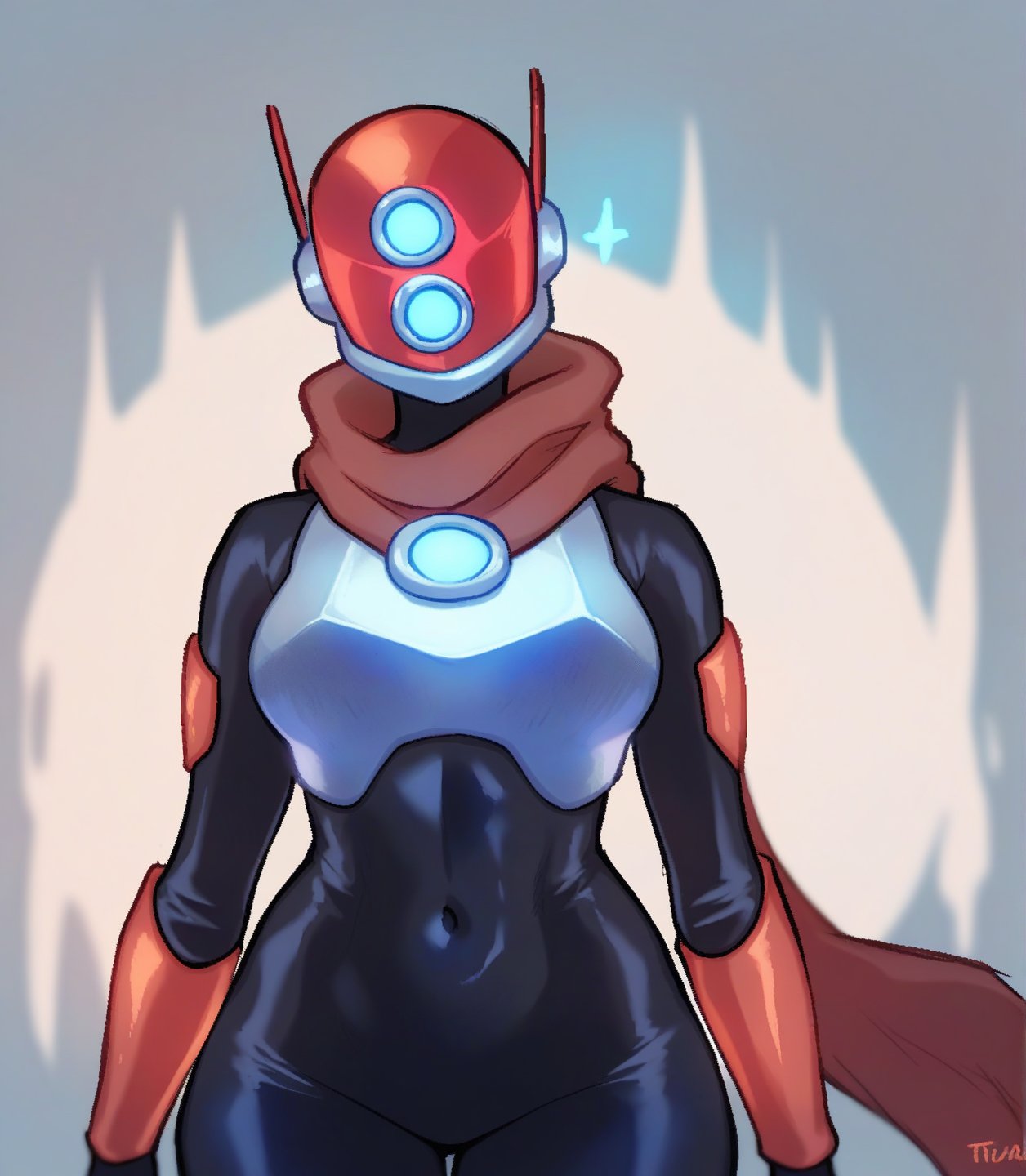 score_9, score_8_up, score_7_up, score_6_up, by ujs, by trz, by zzg, by jtv, huntress, huntress \(risk of rain\), humanoid, mammal, robot, robot humanoid, female, solo, standing, breasts, helmet, bodysuit, scarf, armor, gloves, thick thighs, breastplate, standing, looking at viewer, unusual eyes, helmet, three-quarter portrait, upper body, antennae, glowing, front view, from front <lora:huntress_pdxl_:0.7>