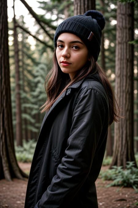 photograph of a woman, (sympathetic facial expression), textured skin, goosebumps, jet black half-up half-down hair, faux fur-lined parka with skinny jeans and beanie, group profile, towering ancient redwood trees creating a sense of wonder and awe, perfect eyes, ((hard lighting:1.4)), Velvia 100 color, shot on Cinestill 800T, bokeh, sharp focus on subject, shot by Manuela Marques<lora:CyberDetails_V1:0.4>