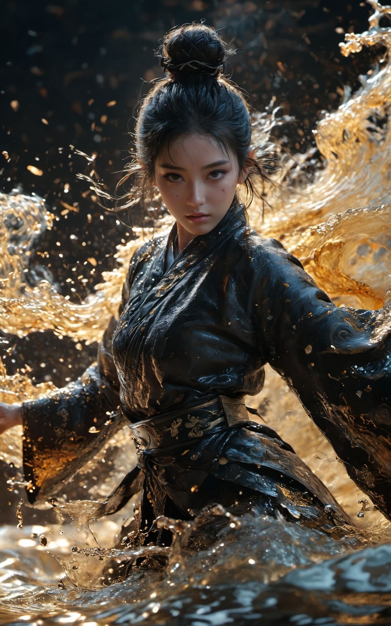 XUER martial arts style,1girl,solo,black hair,long sleeves,jewelry,earrings,wide sleeves,water,hair bun,sash,black chinese clothes,single hair bun,smoke,waves,<lora:绪儿XL 武侠:0.8>,highly detailed,ultra-high resolution,32K UHD,low saturations,dim lighting,extremely beautiful skin,natural skin texture,high detailed skin,(detailed skin:1.5),photorealistic,extreme detail,lifelike,crisp,precise,35mm photograph,film,bokeh,professional,highly detailed,A shot with tension,(Visual impact,giving the poster a dynamic and visually striking appearance:1.2),impactful picture,offcial art,colorful,splash of color,movie perspective,very aesthetic,disheveled hair,perfect composition,moist skin,intricate details,moody,epic,photorealistic,color graded cinematic,atmospheric lighting,award winning photo,film grain,(glaring:1.2),disgust,jitome,