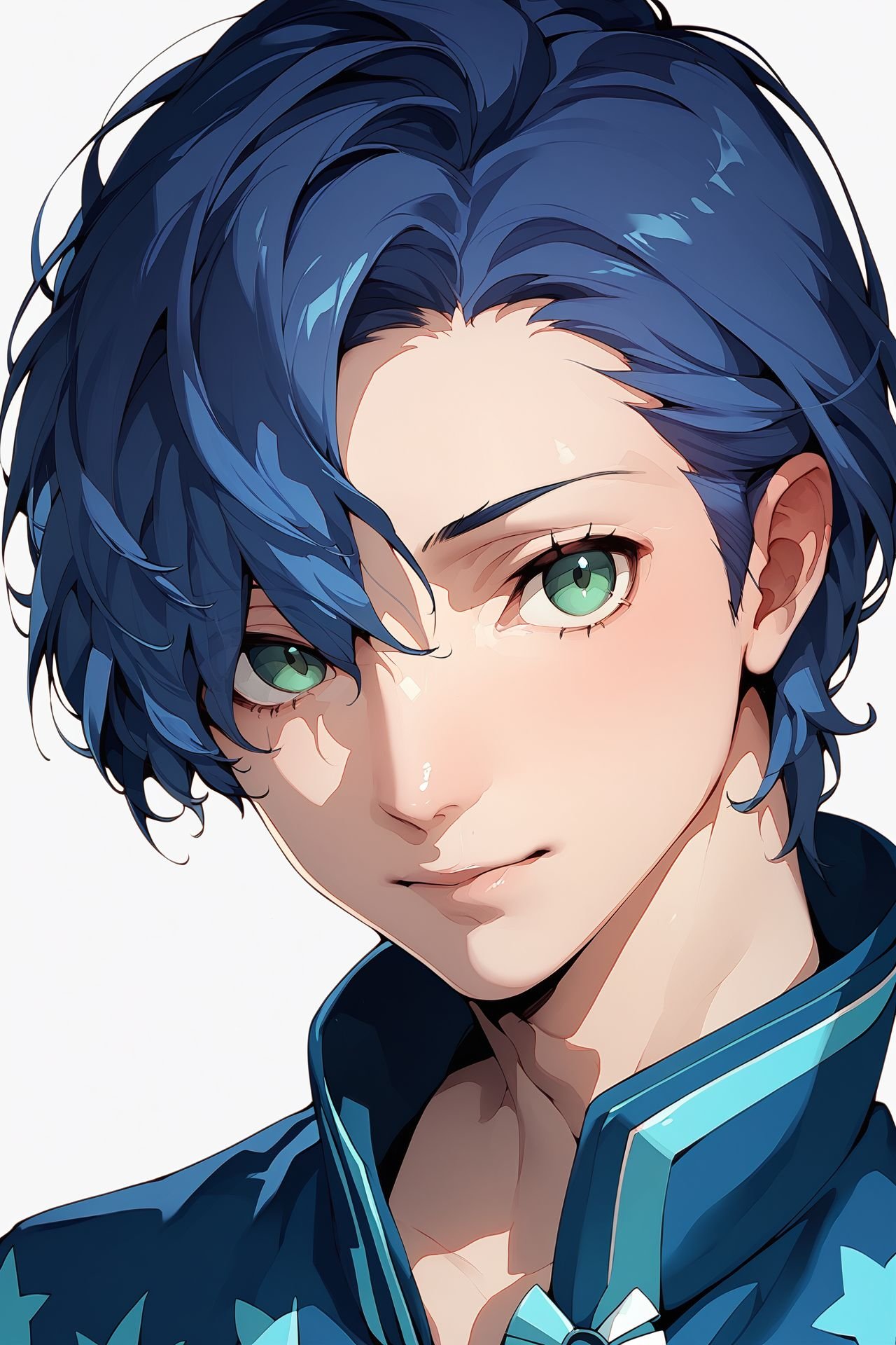 score_9, score_8_up, score_7_up, 1boy, looking at viewer, blue hair, light_green eyes, sunburst_background <lora:Soejima_Shigenori_PonyXL_style_v01:1>