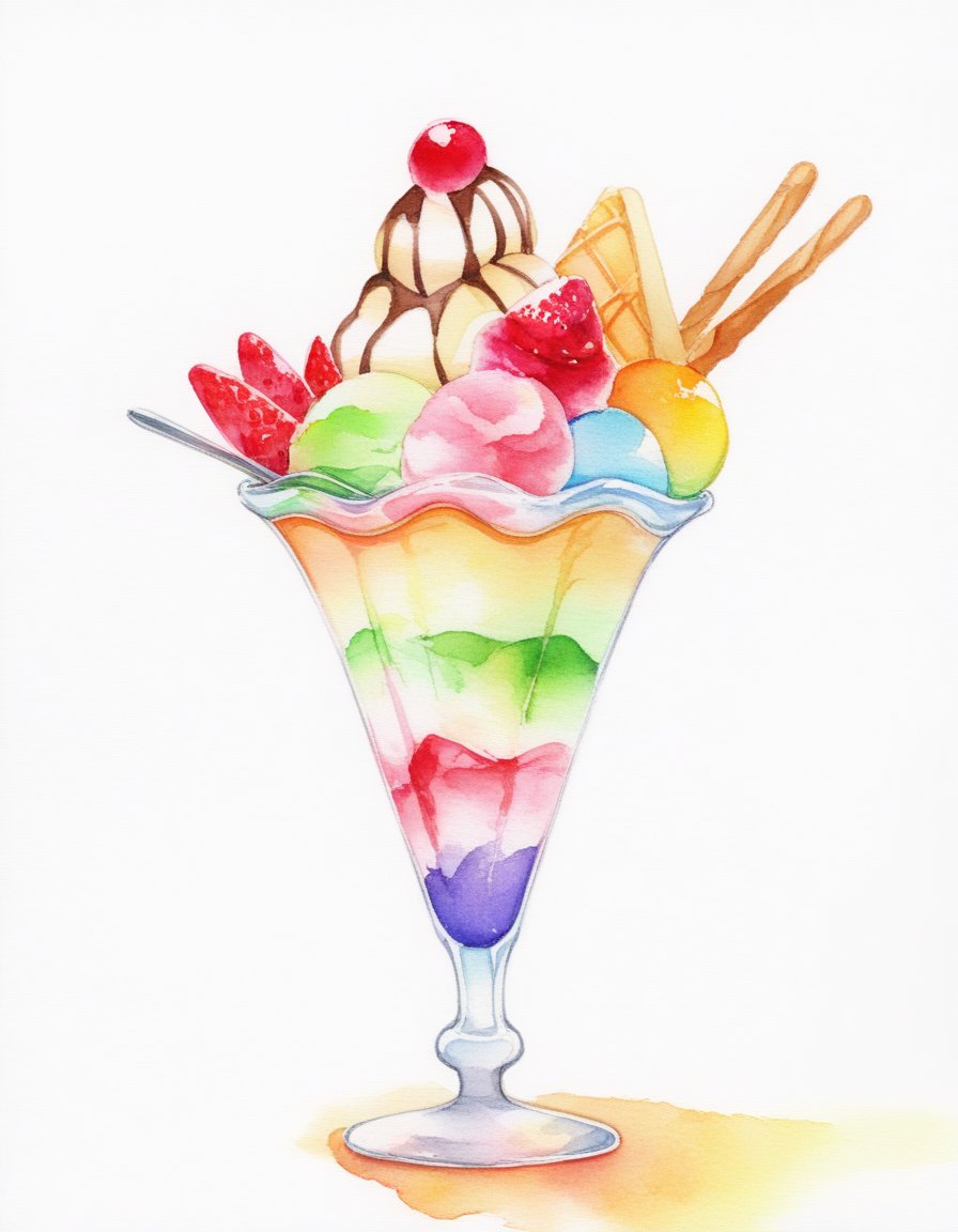 watercolor \(medium\), food focus, no humans, sundae, parfait ice cream, colorful, gradient white background, light