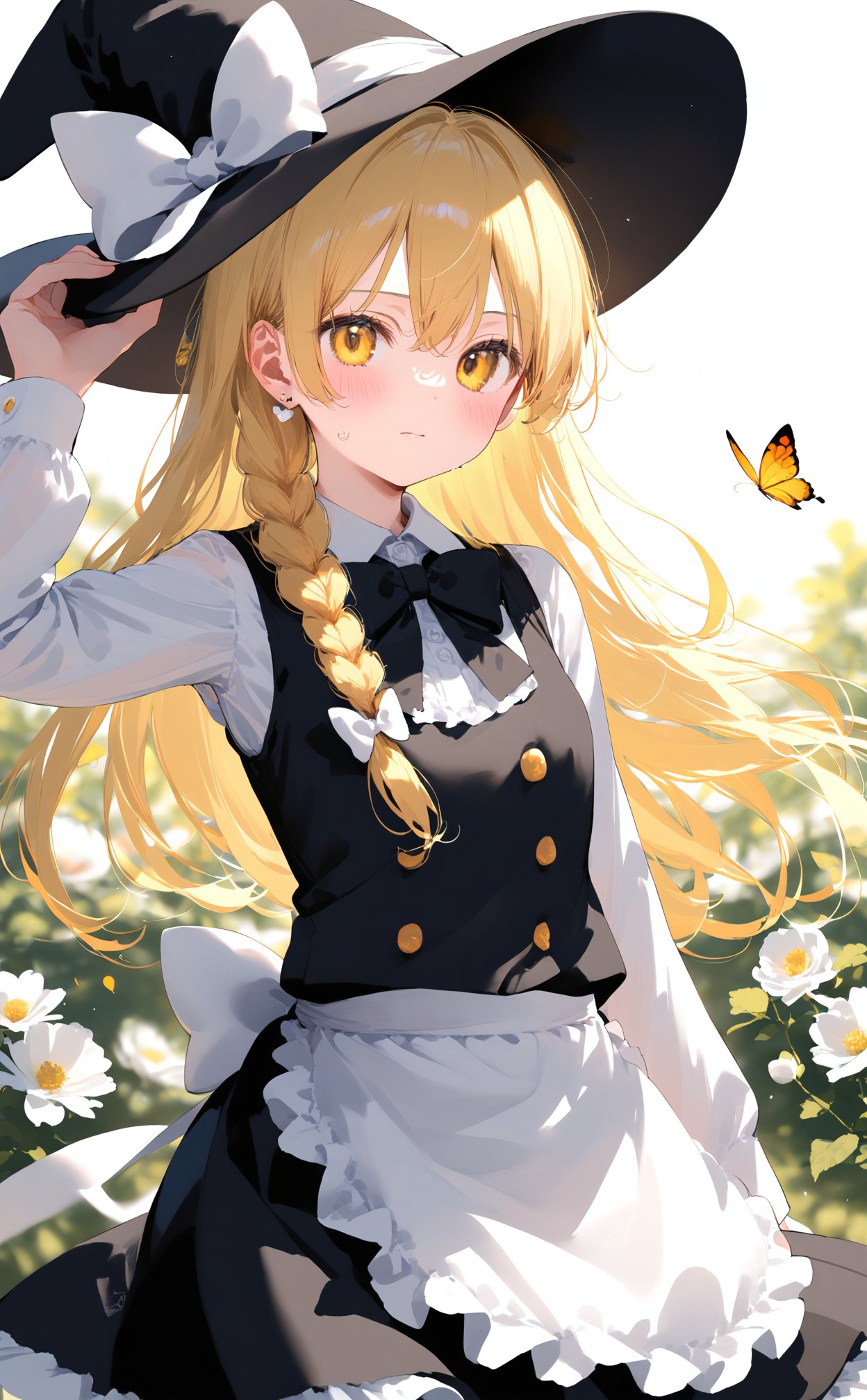 masterpiece,best quality,illustration,ultra detailed,hdr,Depth of field,(colorful),Artist ame929,1girl,hat,kirisame marisa,blonde hair,solo,yellow eyes,bug,witch hat,butterfly,long hair,braid,bow,flower,apron,black headwear,single braid,long sleeves,hair ornament,earrings,jewelry,white bow,hair flower,shirt,white shirt,closed mouth,hair between eyes,waist apron,white apron,black bow,white flower,hat bow,black skirt,blush,bowtie,skirt,black bowtie,looking at viewer,rose,hair bow,vest,black vest,frills,signature,buttons,hand on headwear,