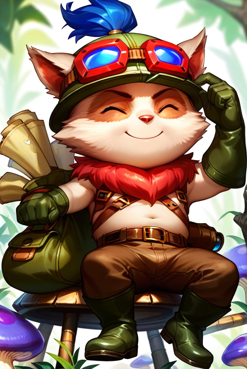 score_9, score_8_up, score_7_up, t33mo, score_9, source_anime, teemo, hat, closed eyes, 1boy, furry, yordle, male focus, goggles, goggles on headwear, brown pants, pants, belt, boots, gloves, green headwear, bag, smile, ^_^, furry male, mushroom, <lora:Teemo_default_v1:0.9>, sitting