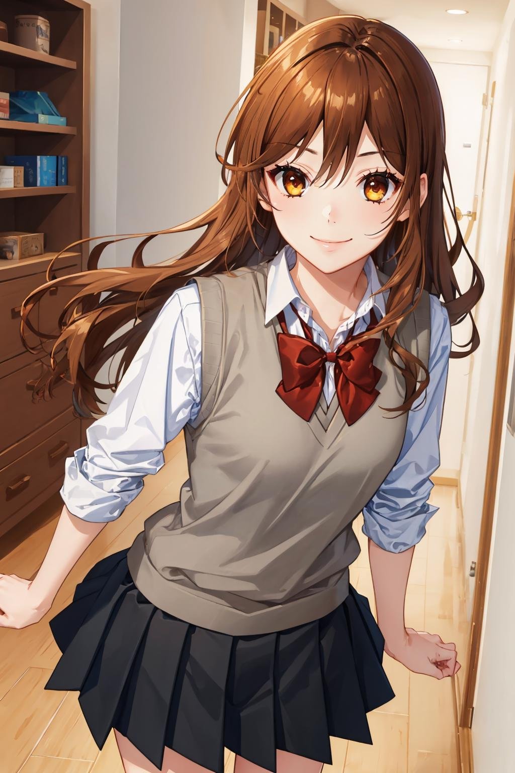 masterpiece, best quality, <lora:kyoukohori-nvwls-v1-000009:0.9> hori kyouko, grey sweater vest, collared shirt, black pleated skirt, bowtie, hands to hips, smile, happy, indoors