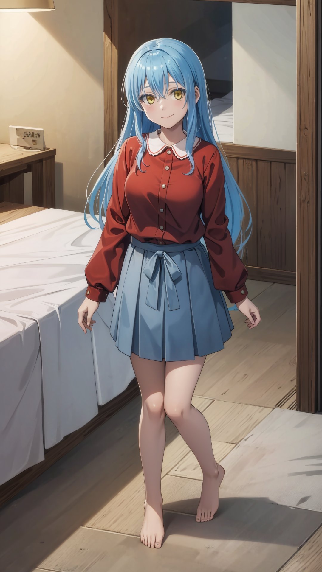 (masterpiece, best quality), ray tracing, absurdres, HDR,rimuru clothes, long hair, blue hair, yellow eyes, shirt, closed mouth, red shirt, 1girl, large breats,, rimuru tempest, skirt, bangs, red shirt, smile, solo, hair between eyes, grey skirt, long sleeves, collared shirt, ,blush ,looking at viewer,indoors,barefoot,full body,   <lora:rimuru_clothes01:0.7>