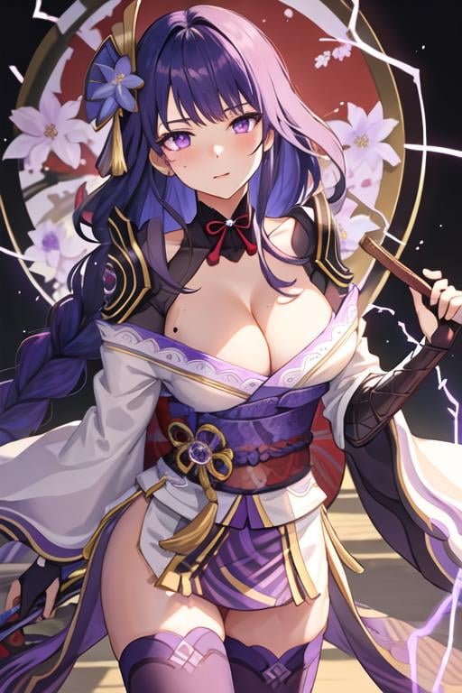 best quality, masterpiece, highres, solo, {raiden_shogun_genshin:1.15}, long_hair, purple_hair, bangs, purple_eyes, mole_under_eye, mole, breasts, hair_ornament, large_breasts, flower, braid, cleavage, hair_flower, blush, very_long_hair, 1girl, japanese_clothes, kimono, looking_at_viewer, obi, obiage, obijime, purple_flower, ribbon, sash, tassel, armor, closed_mouth, long_sleeves, mitsudomoe_\(shape\), shoulder_armor, tomoe_\(symbol\), electricity, wide_sleeves, bridal_gauntlets, thighhighs