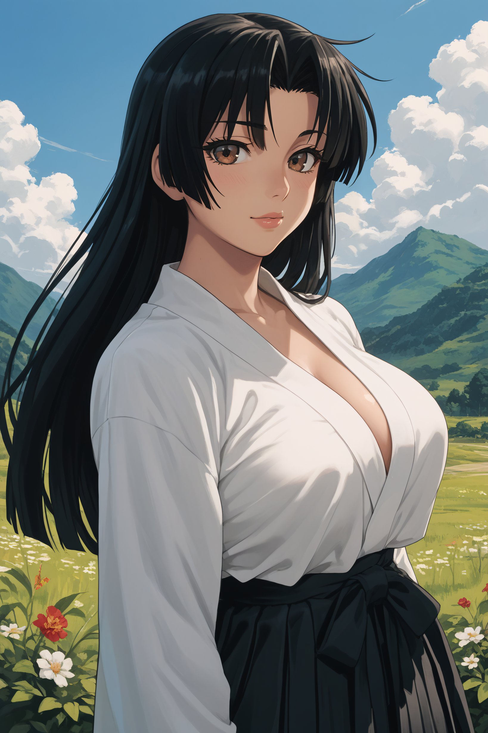 score_9, score_8_up, score_7_up, BREAK source_anime, <lora:Cal Shekar-PonyXL-lora-Faxtron:0.8> cal shekar, brown eyes, black hair, long hair, large breasts, hadanugi dousa, long sleeves, black hakama,